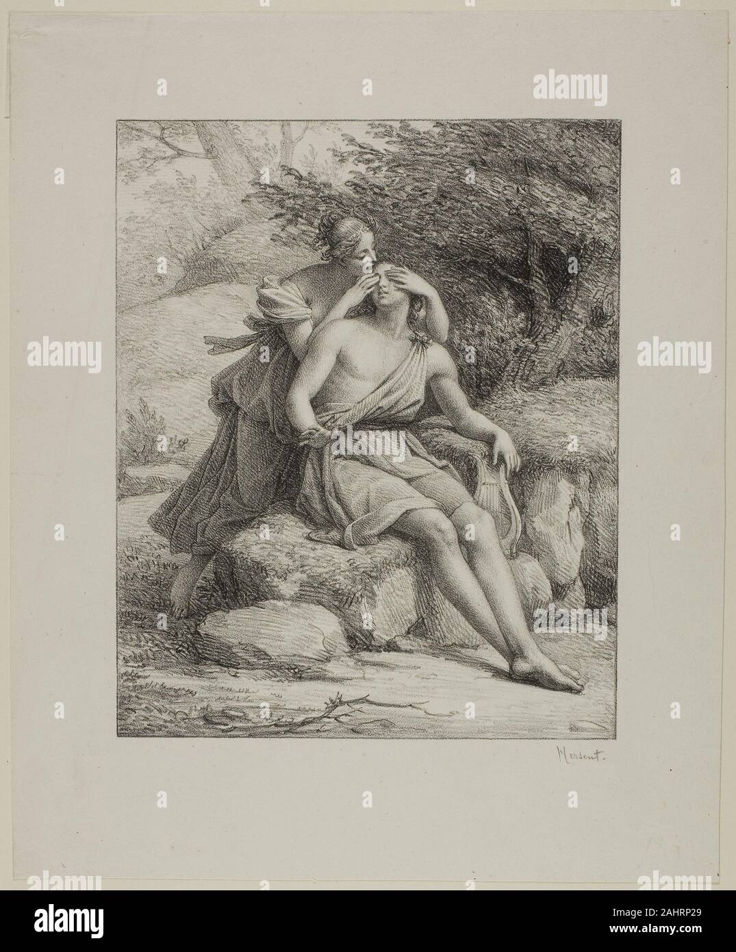 Louis HERSENT. Orphée et Eurydice. 1800-1830. La France. Lithographie sur vélin crème Louis HERSENT était surtout connu pour ses portraits de la classe supérieure et, à l'occasion des sujets classiques. Alors que plus tard membres de cette gravure, inclure le titre Ruben et Bala, se référant à l'Ancien Testament figure Ruben séduction de son père concubine sensiblement plus âgés, la scène est plus que la mythologie biblique. La lyre suggère que la lithographie ne doit être interprété comme une image du jeune l'amour d'Orphée, fils d'Apollon, et de sa muse, Eurydice, dont l'enjouement affectueux lui permet de Banque D'Images