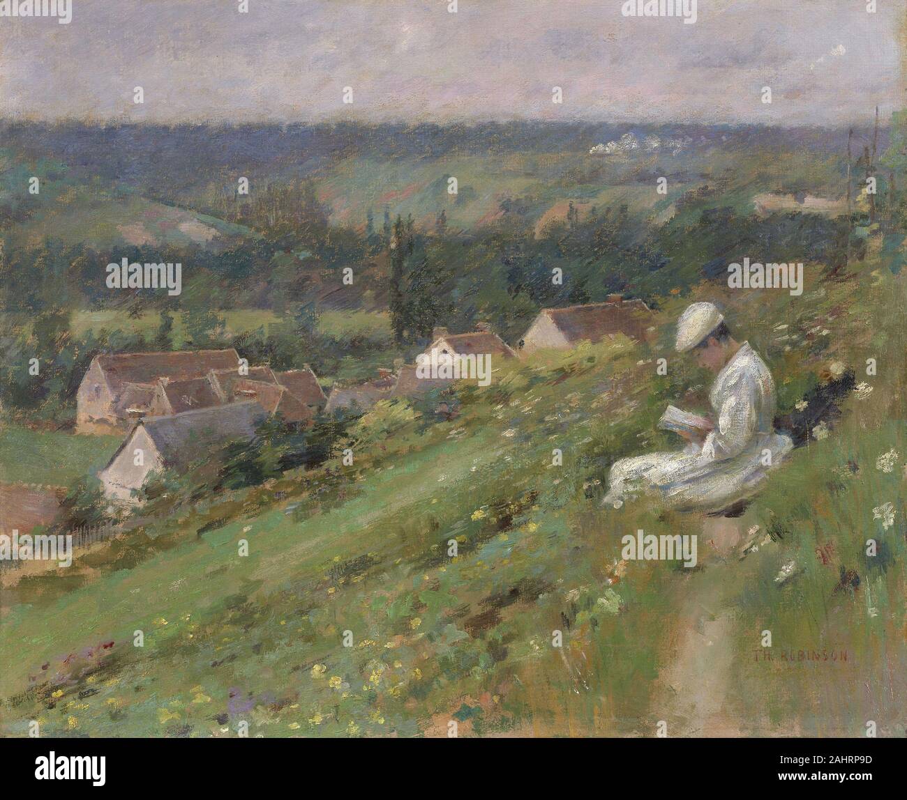 Theodore Robinson. La vallée d'Auge. 1887. United States. Huile sur toile l'un des premiers artistes américains à peindre à Giverny, France, Theodore Robinson assimilé les enseignements de la région résident le plus célèbre, Claude Monet, dans ses compositions dynamiques. Dans ce splendide vue panoramique sur la vallée française de Troyes, au sud-est de Paris, Robinson à l'emploi, casse coup de pinceau en couches denses tirés de son ami et mentor-Monet pour diriger l'oeil loin de la figure de la femme, en bas de la pente, et sur la vallée. Bien que Robinson, comme les impressionnistes français, ici captu Banque D'Images