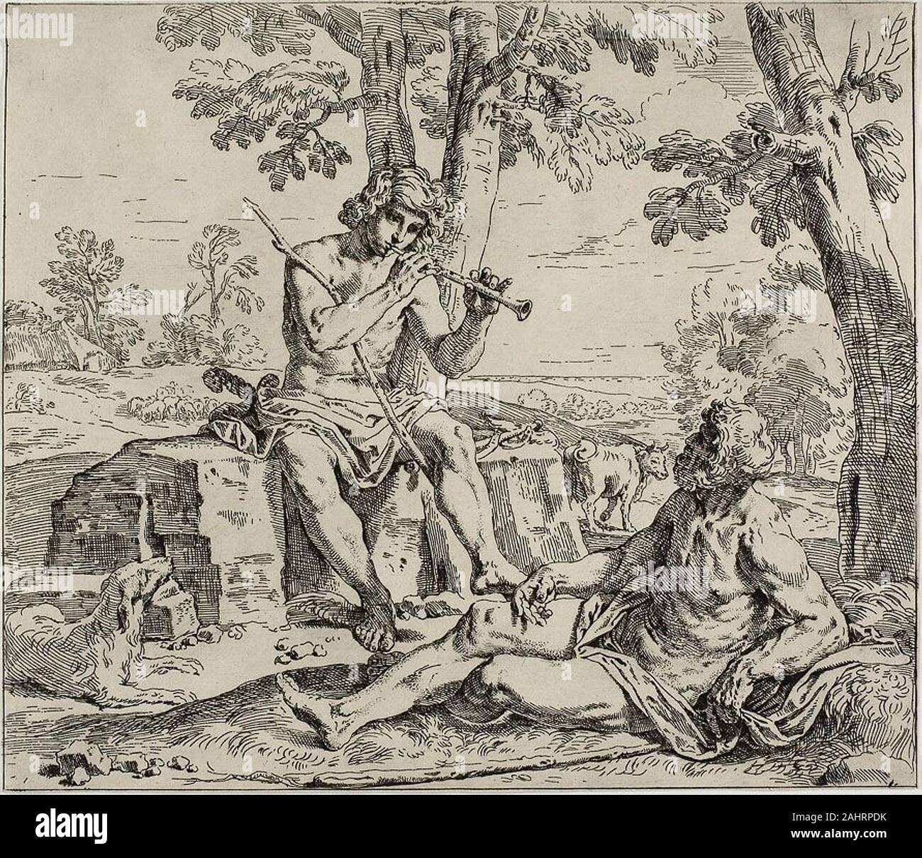 Simone Cantarini. Mercure et Argus. 1642-1648. L'Italie. Gravure sur papier vergé crème Mercure et Argus montre Mercure, déguisé en berger, Lulling l'Argus géant pour dormir, afin de voler la vache Io, une belle figure dans le fond de l'image, pour Jupiter. L'un des nombreux amateurs de Jupiter mortel, Io a été transformé en une vache et mis sous la tutelle d'Argus. Mais Jupiter Mercure tâches d'avoir tué Argus et libérer l'Io-scène représentée ici. Bien que Cantarini Argus représenté avec deux yeux, le géant a été dit d'avoir une centaine. Après l'Argus est tué par le mercure, ses yeux décorent les plumes du paon. Banque D'Images