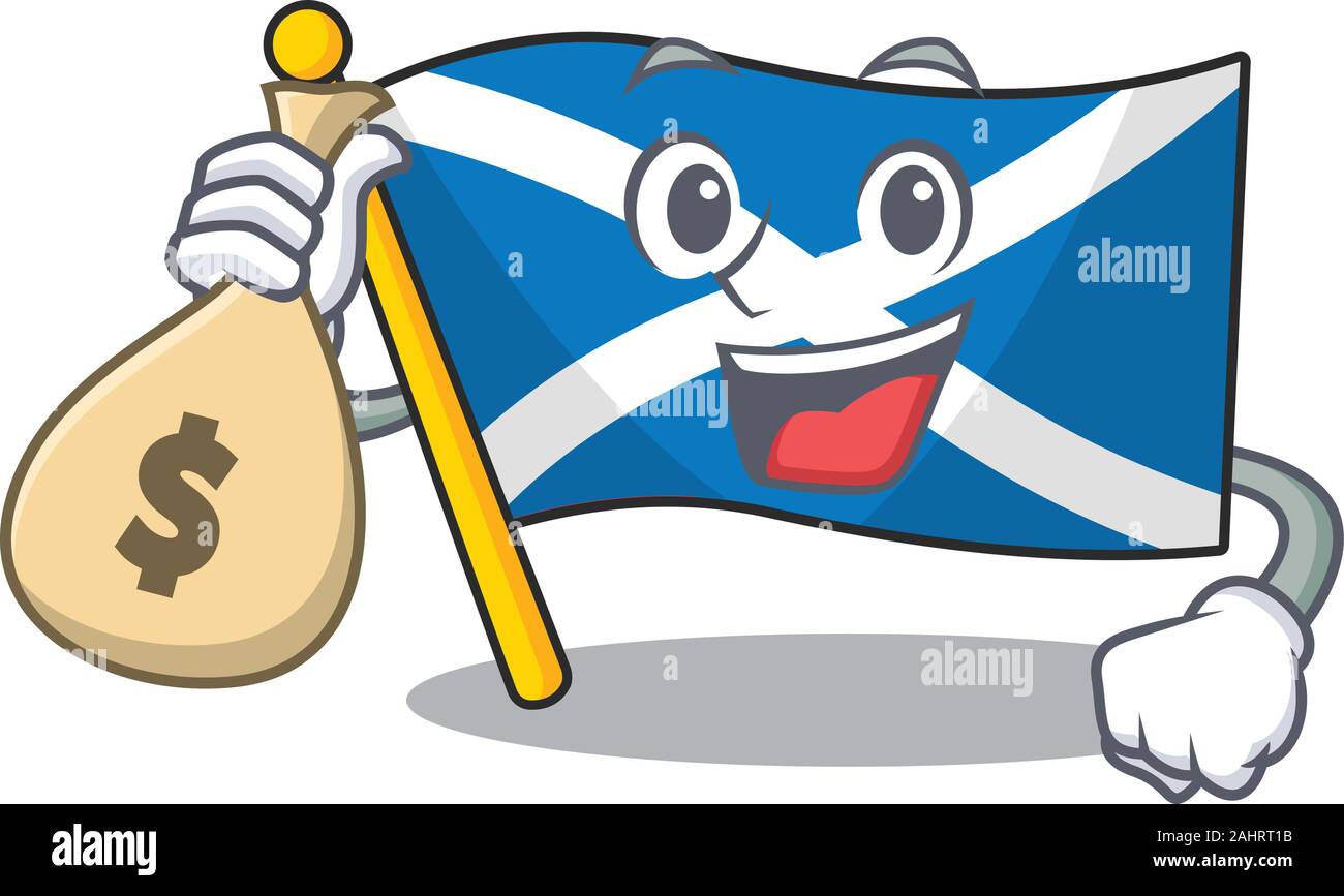 Faites défiler l'Ecosse drapeau Smiley personnage avec sac d'argent Illustration de Vecteur