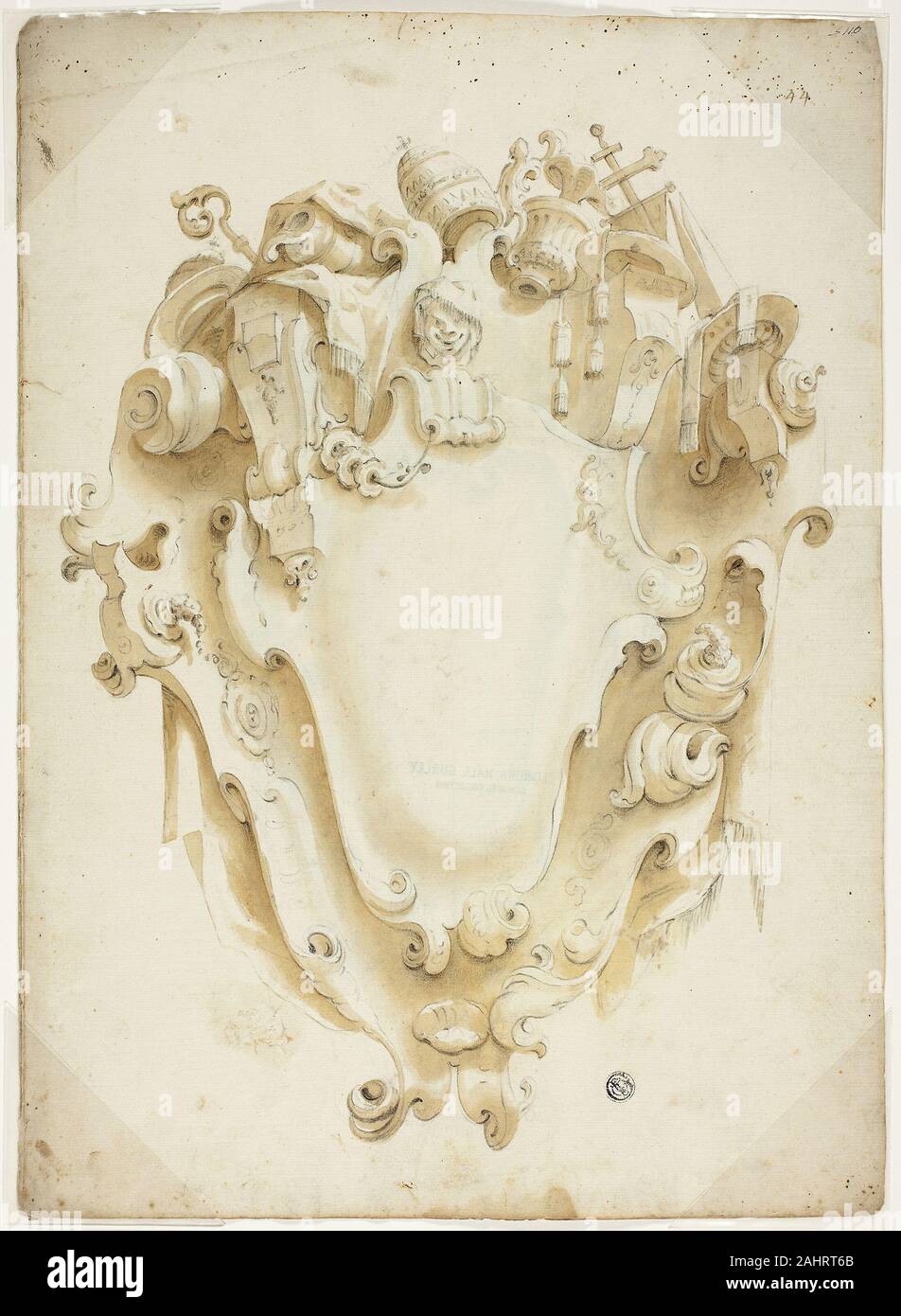 Pas de génois. Conception pour écusson ecclésiastique. De 1600 à 1699. L'Italie. Craie noire et pinceau et lavis sur papier vergé ivoire Banque D'Images