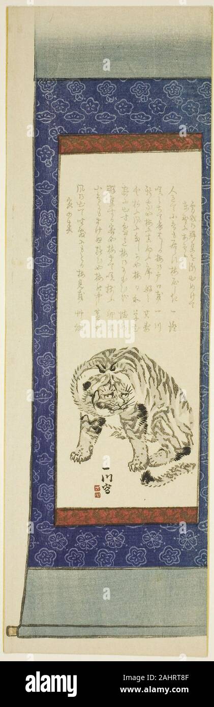Jujoen (poète). Tiger. 1866. Le Japon. Gravure sur bois en couleur ; le poète et peintre surimono Jujoen ici créé une imitation d'une tenture de soie et de défilement de fixation avec une représentation d'un tigre, le tout dans le format vertical de l'impression. Les inscriptions indiquent que c'est une nouvelle année, d'imprimer à partir de l'année du tigre. Issen contribué non seulement l'image du tigre, il a aussi écrit un des poèmes sur cette impression. Banque D'Images