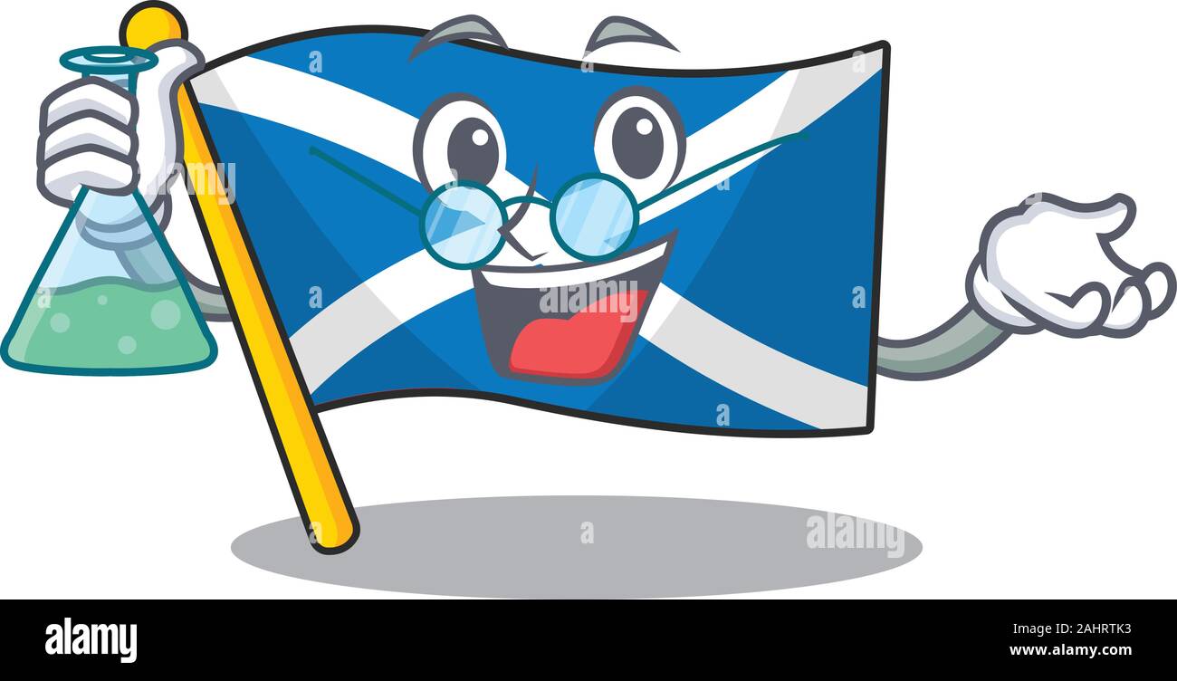 Drôle et intelligente de l'écosse drapeau Professeur mascotte défilement tenant le tube de verre Illustration de Vecteur