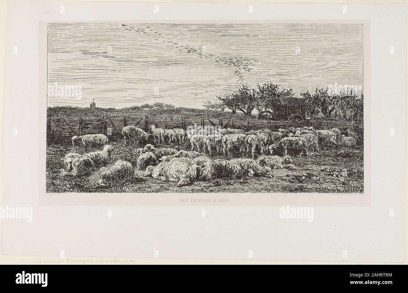 Charles François Daubigny. Prairie avec des moutons. 1860. La France. Gravure sur gris clair chine fixées sur papier vélin blanc Banque D'Images