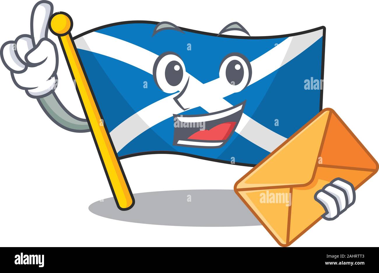Visage heureux d'un drapeau ecosse Faites défiler avec enveloppe design mascotte Illustration de Vecteur
