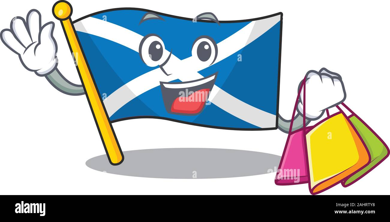 Faites défiler l'Ecosse drapeau Happy face style mascotte, gesticulant, holding Shopping bag Illustration de Vecteur