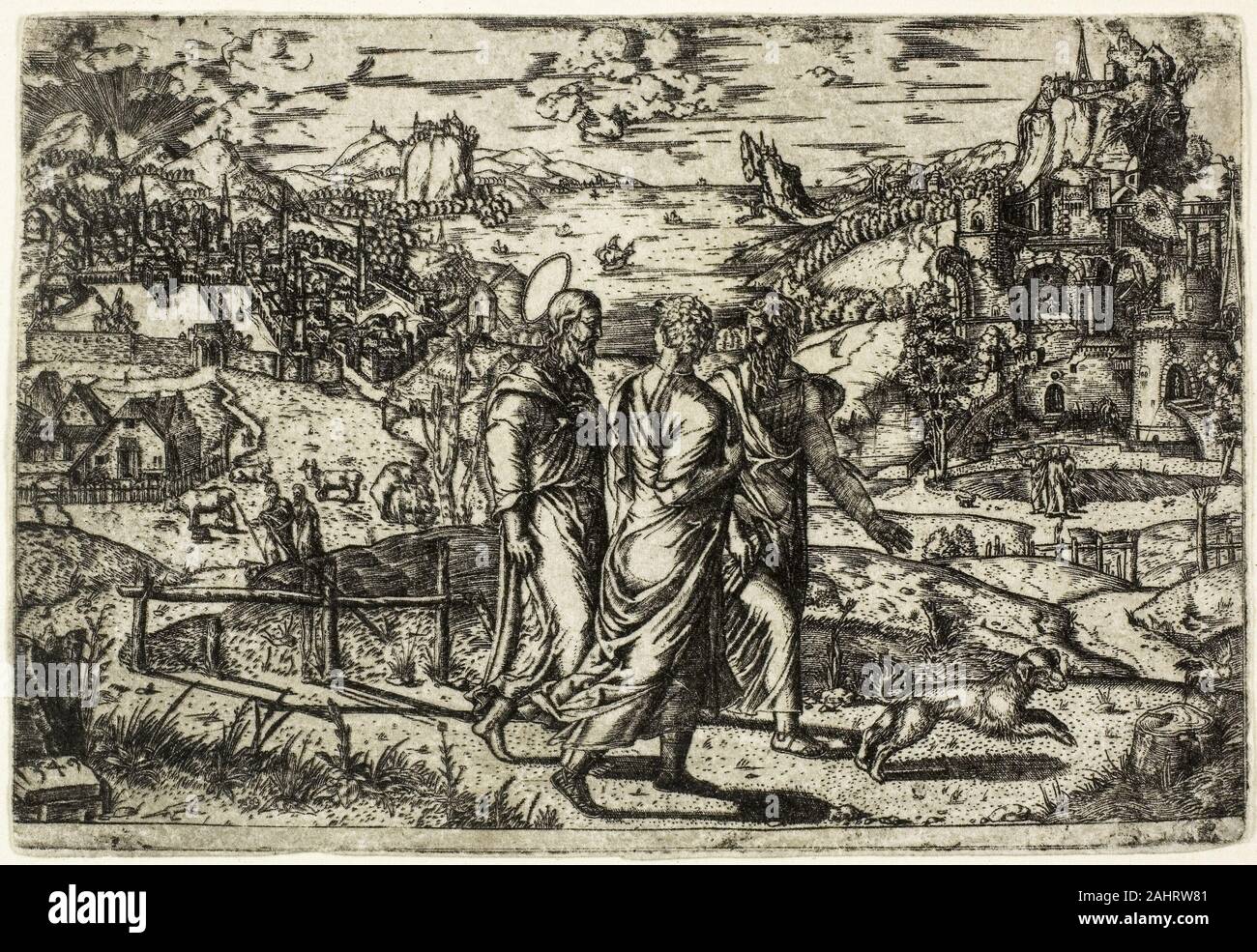 Artiste inconnu. Voyage à Emmaüs. 1549. La France. Gravure imprimée en noir sur papier Banque D'Images