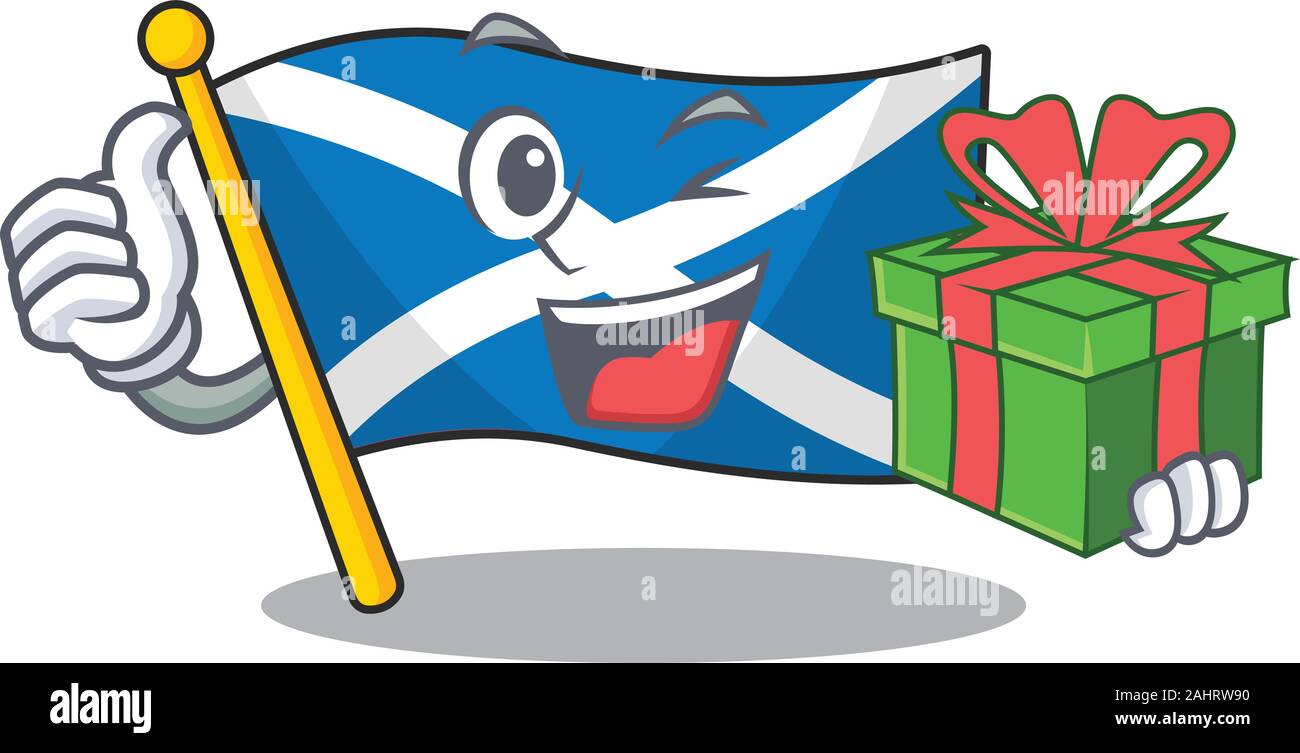 Drapeau ecosse visage heureux caractère Défilement avec boîte-cadeau Illustration de Vecteur