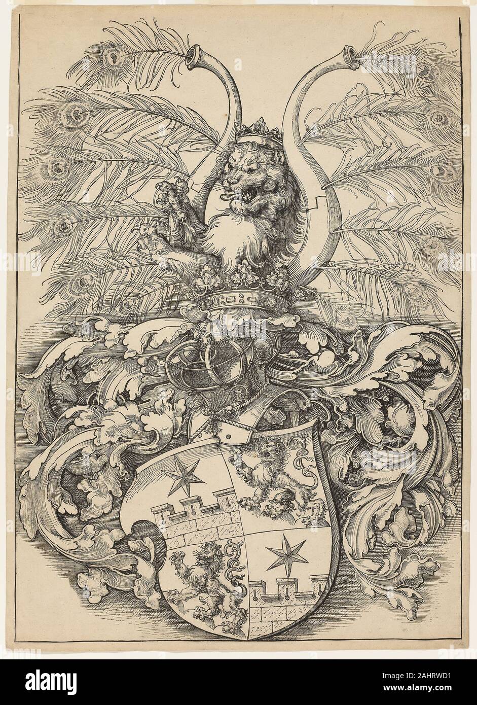Albrecht Dürer. Armoiries de Wilhelm et Wolfgang Rogendorf. 1864. L'Allemagne. Lithographie en noir sur papier vélin ivoire Albrecht Dürer a fait cette grande blason gravure sur bois pour le Rogendorf la famille, qu'il a rencontré en route vers les Pays-Bas, où il avait les deux gros blocs pour le travail. L'impression qu'un seul survit dans l'impression, aujourd'hui endommagés dans le Germanisches Nationalmuseum de Nuremberg. Ce bâtiment du xixe siècle dans le télécopieur puis-nouveau médium de la lithographie alimente les leafage manquantes dans la partie inférieure droite et imagine l'impression couleur en noir et blanc. En fait, les survivants de la feuille Banque D'Images