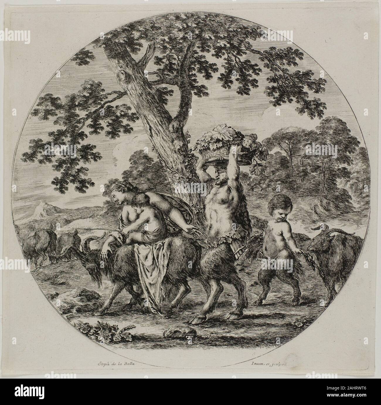 Stefano della Bella. Satyr Family Walking. 1657. L'Italie. Gravure sur papier vergé crème le second état de cette estampe est reconnaissable parce qu'il porte le nom de l'artiste ; le nom de l'éditeur, Pierre Mariette, a été ajouté plus tard dans l'État tiers. Banque D'Images