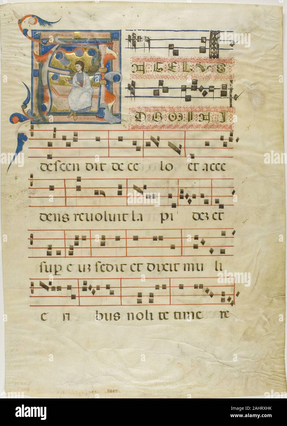 Neri da Rimini. Angel dans une initiale historiée A depuis un Antiphonary. 1300-1310. L'Italie. Manuscrit de la coupe dans la tempera et feuille d'or, avec gothica Textualis propose des inscriptions en latin à l'encre noire, a statué en rouge et bleu, et avec d'autres décorations, sur parchemin Banque D'Images Neri da Rimini. Angel dans une initiale historiée A depuis un Antiphonary. 1300-1310. L'Italie. Manuscrit de la coupe dans la tempera et feuille d'or, avec gothica Textualis propose des inscriptions en latin à l'encre noire, a statué en rouge et bleu, et avec d'autres décorations, sur parchemin Banque D'Images