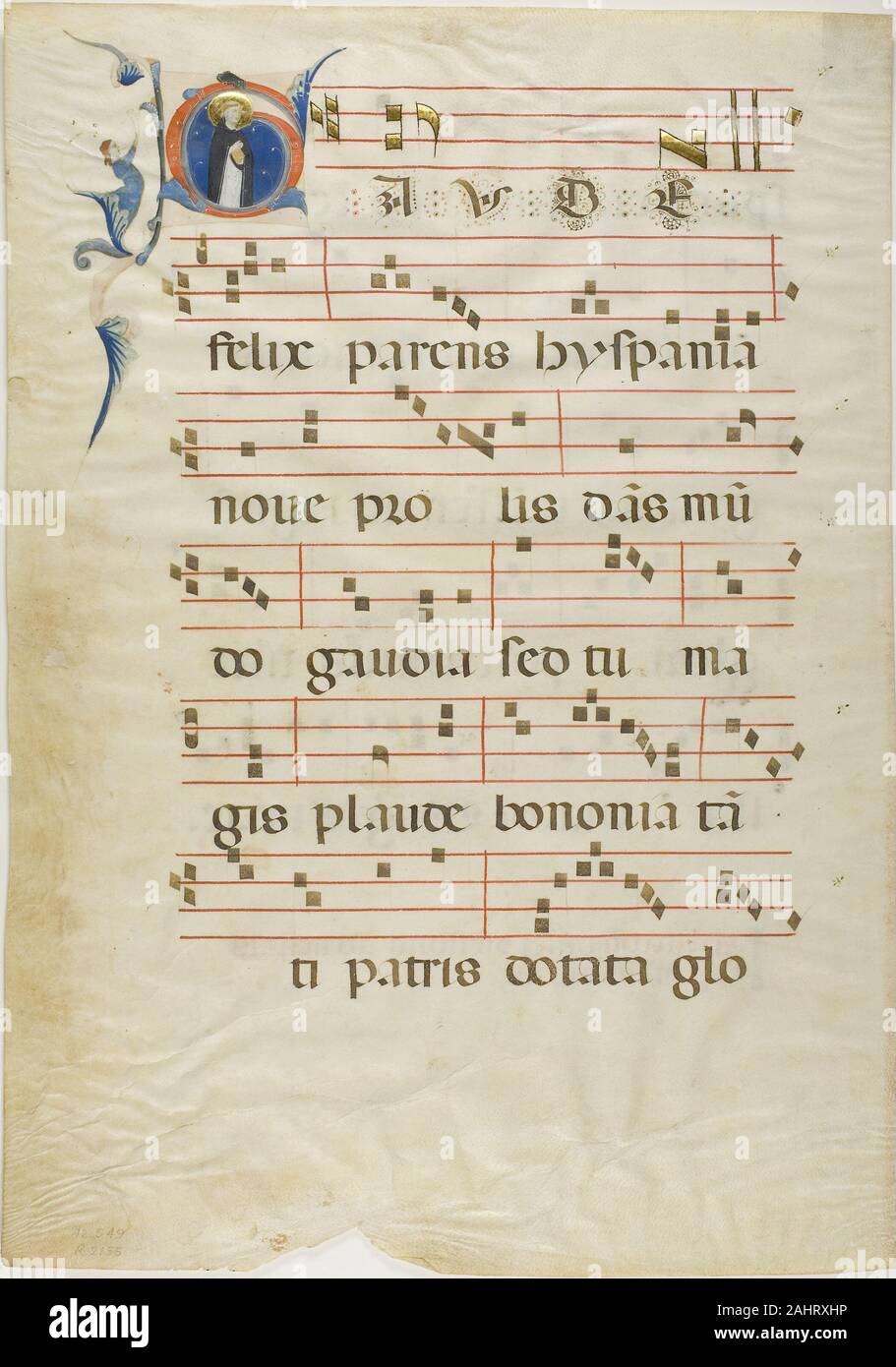 Neri da Rimini. Saint Dominique dans une initiale historiée G d'un Antiphonary. 1310-1315. L'Italie. Manuscrit de la coupe dans la tempera et feuille d'or, avec gothica Textualis propose des inscriptions en latin à l'encre noire, a statué en rouge, et avec d'autres décorations, sur parchemin Banque D'Images Neri da Rimini. Saint Dominique dans une initiale historiée G d'un Antiphonary. 1310-1315. L'Italie. Manuscrit de la coupe dans la tempera et feuille d'or, avec gothica Textualis propose des inscriptions en latin à l'encre noire, a statué en rouge, et avec d'autres décorations, sur parchemin Banque D'Images