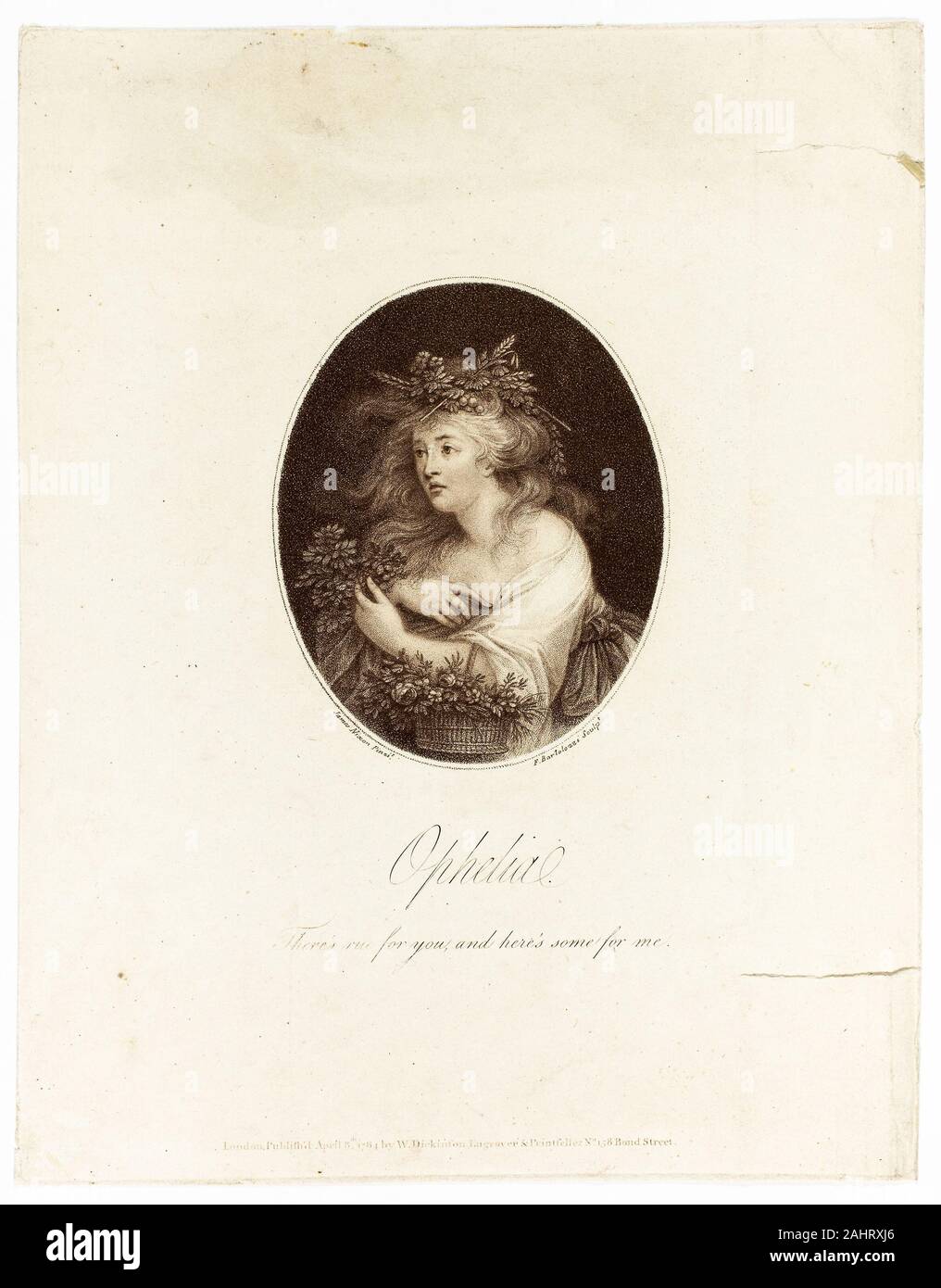 Francesco Bartolozzi. Ophélie. 1784. L'Italie. Gravure crépi sur vélin crème Banque D'Images