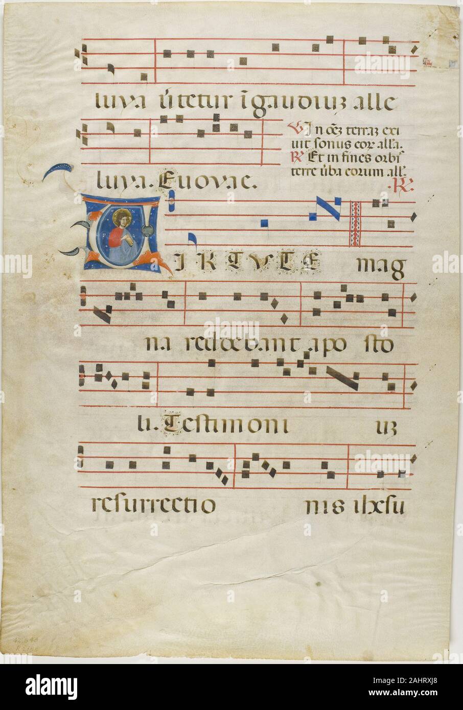 Neri da Rimini. Martyr Saint dans une initiale historiée V d'un Antiphonary. 1310-1315. L'Italie. Manuscrit de la coupe dans la tempera et feuille d'or, avec gothica Textualis propose et arrondi gothica Textualis propose des inscriptions en latin à l'encre noire, a statué en rouge, et avec d'autres décorations, sur parchemin Banque D'Images Neri da Rimini. Martyr Saint dans une initiale historiée V d'un Antiphonary. 1310-1315. L'Italie. Manuscrit de la coupe dans la tempera et feuille d'or, avec gothica Textualis propose et arrondi gothica Textualis propose des inscriptions en latin à l'encre noire, a statué en rouge, et avec d'autres décorations, sur parchemin Banque D'Images