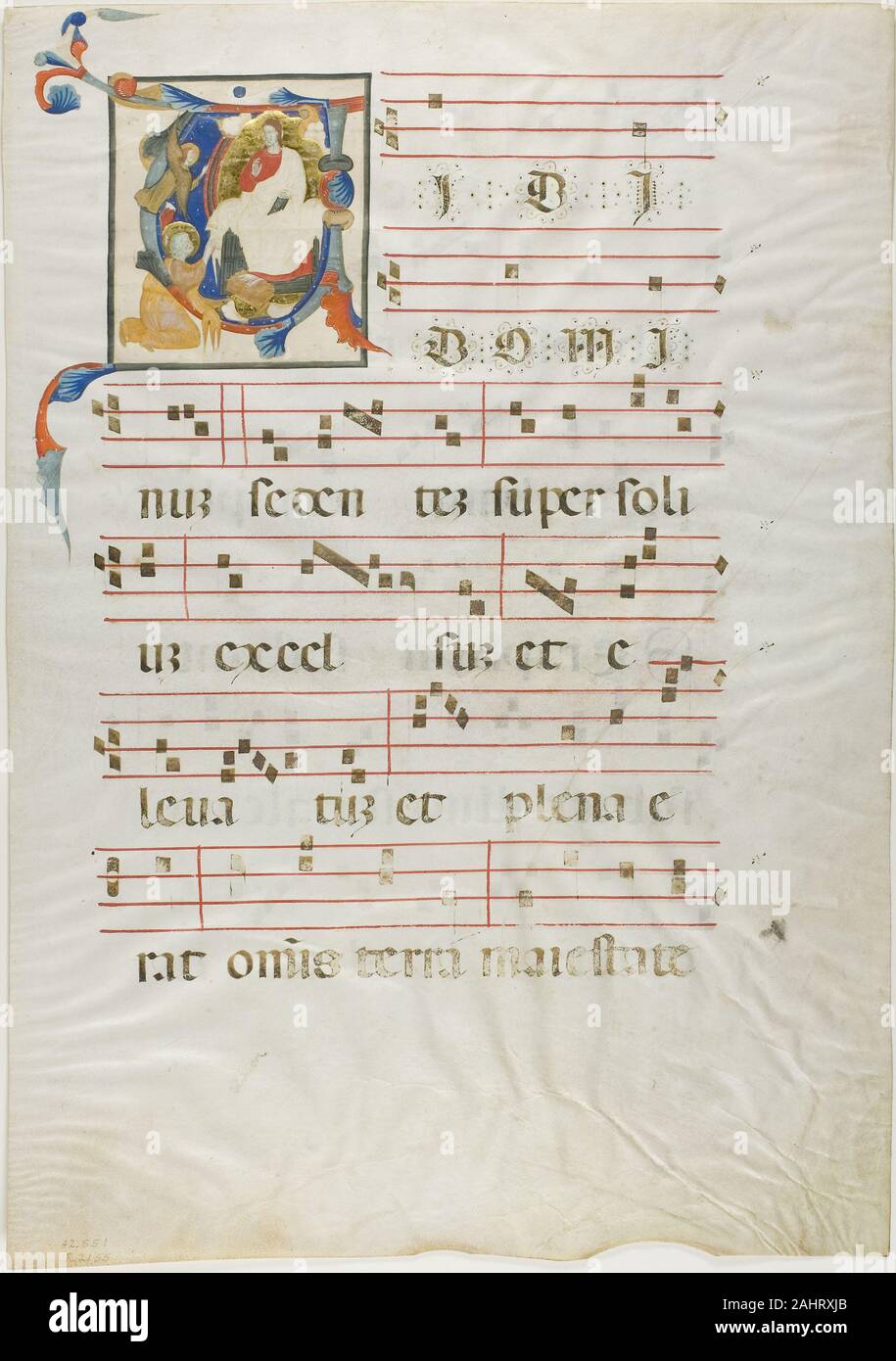 Neri da Rimini. Saint agenouillé devant Dieu trône dans une initiale historiée V d'un Antiphonary. 1310-1315. L'Italie. Manuscrit de la coupe dans la tempera et feuille d'or, avec gothica Textualis propose des inscriptions en latin à l'encre noire, a décidé à l'encre rouge, et avec d'autres décorations, sur parchemin Banque D'Images Neri da Rimini. Saint agenouillé devant Dieu trône dans une initiale historiée V d'un Antiphonary. 1310-1315. L'Italie. Manuscrit de la coupe dans la tempera et feuille d'or, avec gothica Textualis propose des inscriptions en latin à l'encre noire, a décidé à l'encre rouge, et avec d'autres décorations, sur parchemin Banque D'Images