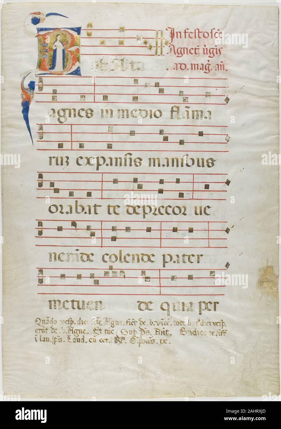 Neri da Rimini. Saint Agnes dans une initiale historiée V d'un Antiphonary. 1310-1315. L'Italie. Manuscrit de la coupe dans la tempera et feuille d'or, avec gothica Textualis propose des inscriptions en latin à l'encre noire et rouge, a décidé à l'encre rouge, sur papier parchemin Banque D'Images Neri da Rimini. Saint Agnes dans une initiale historiée V d'un Antiphonary. 1310-1315. L'Italie. Manuscrit de la coupe dans la tempera et feuille d'or, avec gothica Textualis propose des inscriptions en latin à l'encre noire et rouge, a décidé à l'encre rouge, sur papier parchemin Banque D'Images