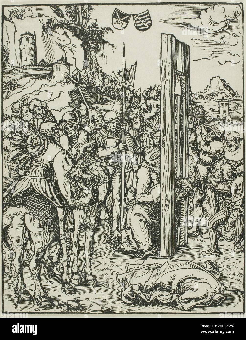 Lucas Cranach, l'Aîné. Saint Matthias, de la martyre des Apôtres. 1507-1517. L'Allemagne. Gravure en noir sur papier vergé ivoire Lucas Cranach conçu son martyre des Douze Apôtres dans la série 1512. Cette impression extrêmement nettes et de l'imminence de la décapitation de Saint Matthias découlant de l'exploitation de ce début de l'impression. Le bloc a été réimprimé autour de 1548, avec la police de texte sur l'arrière, pour illustrer Martin Luther, traduction allemande de le Credo des Apôtres. Malgré la violence de la série, l'éditeur de la protestante c. Edition 1548 l'ouvrage dédié à ses filles une Banque D'Images