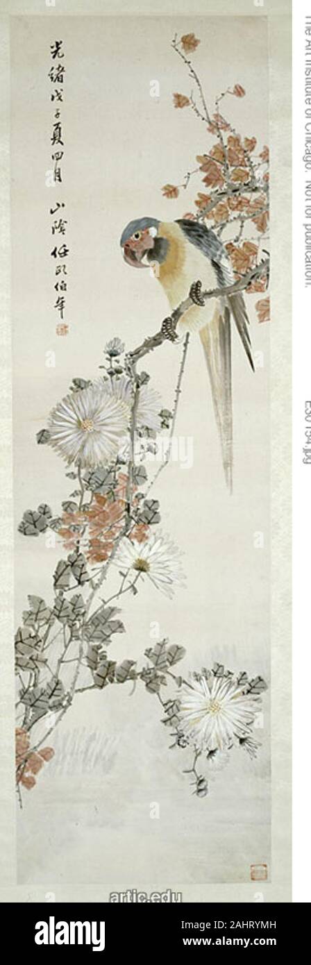 Ren Yi. Perroquet et chrysanthèmes. 1835-1901. La Chine. Défilement pendaison ; l'encre et couleurs sur papier Banque D'Images