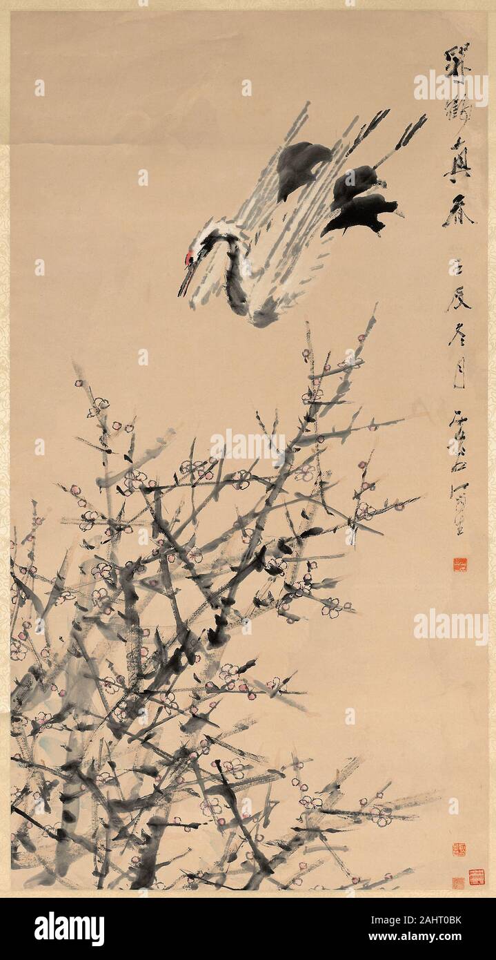 Xugu. Plum Blossoms, grue, et au printemps. 1819-1901. La Chine. Défilement pendaison ; l'encre et couleurs sur papier Banque D'Images