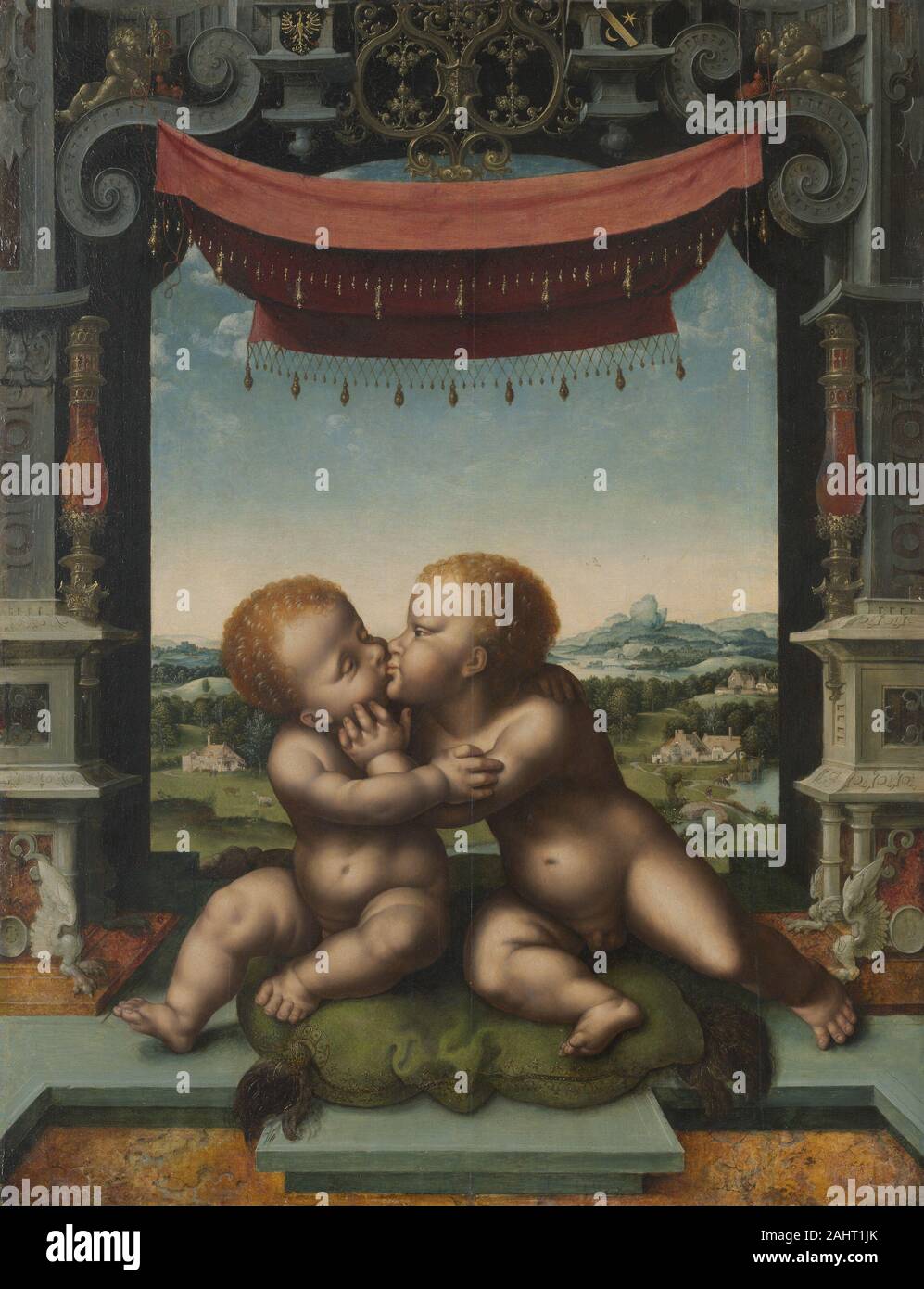 Joos van Cleve. Les nourrissons le Christ et saint Jean le Baptiste. 1520-1535. La Hollande. Huile sur panneau en tant que centre de commerce de luxe de l'Europe au début du 16ème siècle, les marchés d'Anvers a attiré des artistes de régions voisines. Il y Joos van Cleve a trouvé une clientèle internationale et ont appris à adapter la forme idéale de la Renaissance italienne à un contexte d'Europe du nord. Dans ce tableau, les poses et la modélisation de la enfants entrelacées dérivent de Leonardo da Vinci, mais Joos placé les chiffres de l'architecture flamboyante qui a caractérisé la Renaissance en Europe du nord. L Banque D'Images