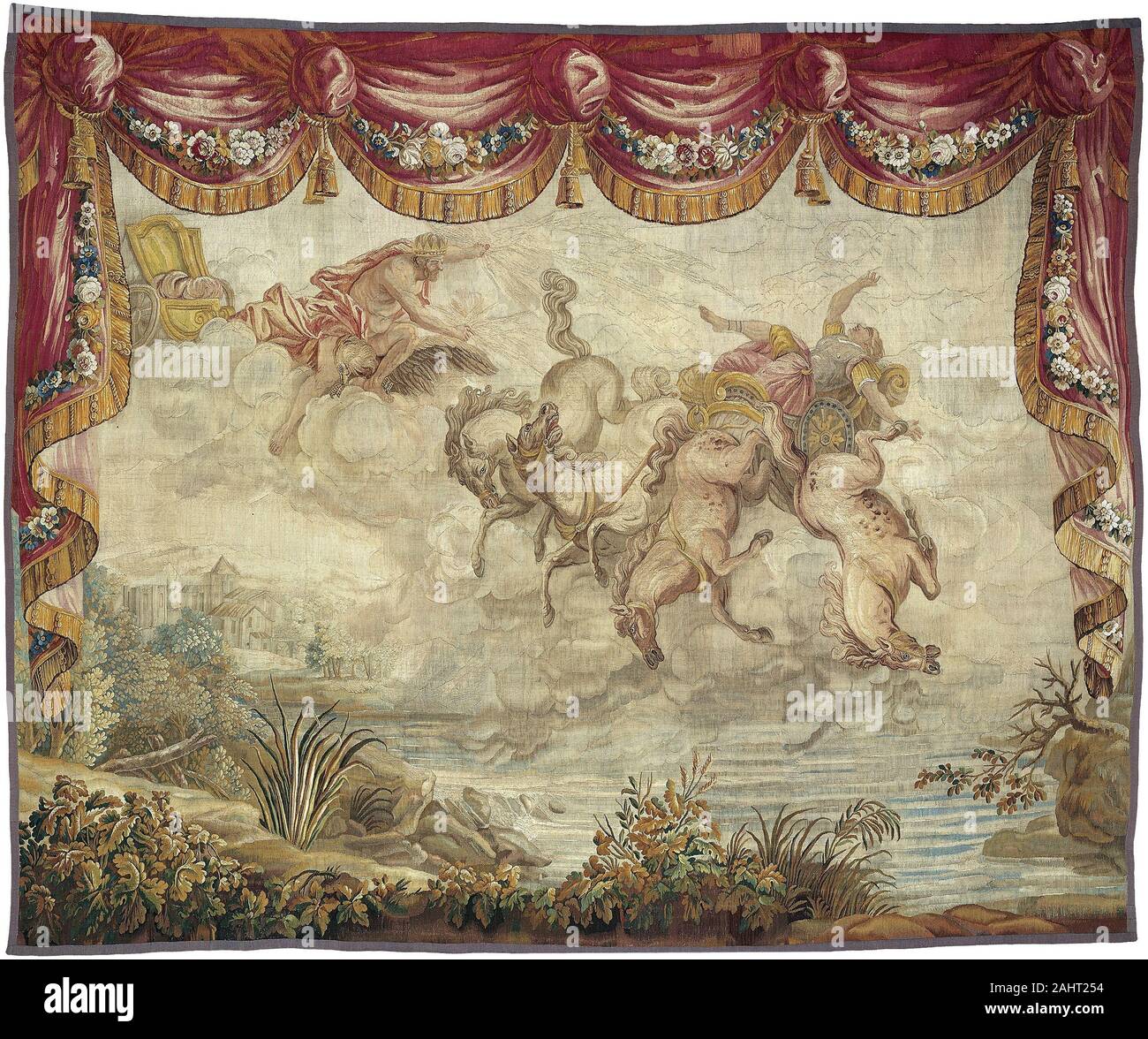 Antonio Tempesta (Designer). La chute de Phaeton. 1776-1800. Aubusson. La laine et la soie, et de fente de verrouillage double tissage de la tapisserie de l'ambition de Phaeton démesure guide son père char du soleil dans le ciel est enregistré dans d'Ovide, comme c'est le résultat catastrophique de sa tentative, ici présentée dans une scène dramatique qui capture le moment tumultueux de Phaeton est frappé par la foudre de Zeus. La cantonnière festonnée et rideaux latéraux qui encadrent la scène le lier à l'arrivée de Télémaque sur l'île de Calypso. Les deux tapisseries font partie d'une histoire de Banque D'Images