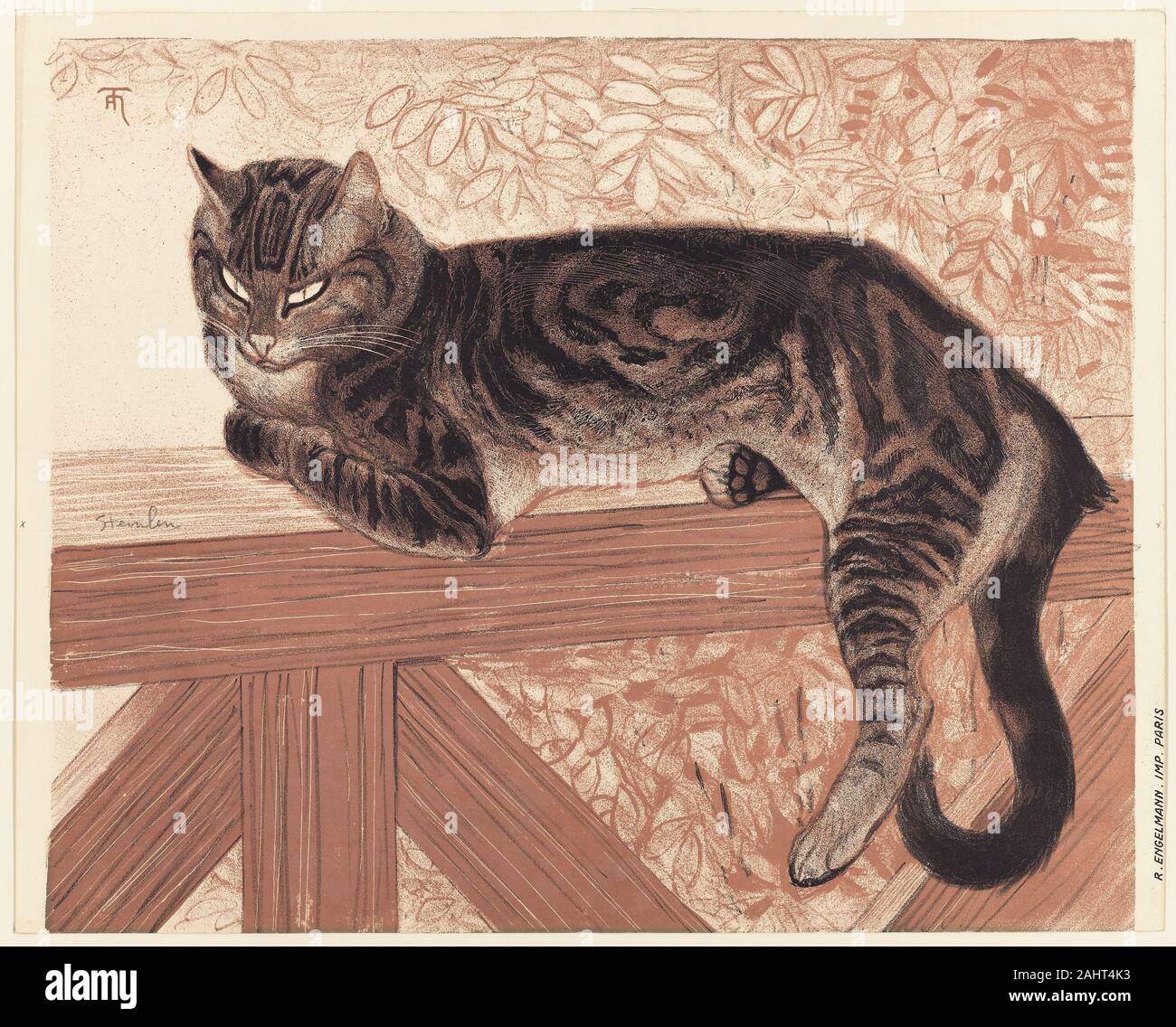 Pierre Théophile-Alexandre Steinlen. Cat d'été sur une balustrade. 1909. La France. Lithographie (crayon, pinceau et mouchetis avec grattoir) en rose/mauve, violet noir et brun sur vélin crème Banque D'Images
