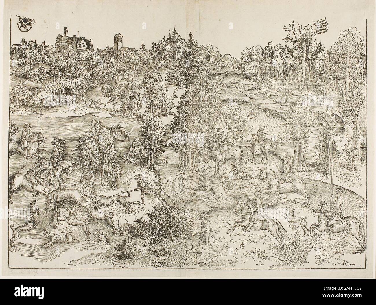 Lucas Cranach, l'Aîné. La chasse au cerf. 1501-1511. L'Allemagne. Gravure sur bois en noir à partir de deux blocs sur deux feuilles de papier vergé crème, rejoint ainsi que le tribunal de l'artiste prince électeur Frédéric de Saxe, Lucas Cranach le Vieux a eu le privilège de représenter le divertissement courtois de la chasse au cerf. Cranach est réputé pour ses représentations de trophées de chasse dans l'illusion des peintures murales en trompe-l'œil ; ses contemporains même prétendu que son imagerie animale était si réelle que les oiseaux a essayé de se poser sur le bois des cerfs peints. La grande échelle de cette gravure sur bois en deux parties admis Cranach à : abondance de détails de Banque D'Images