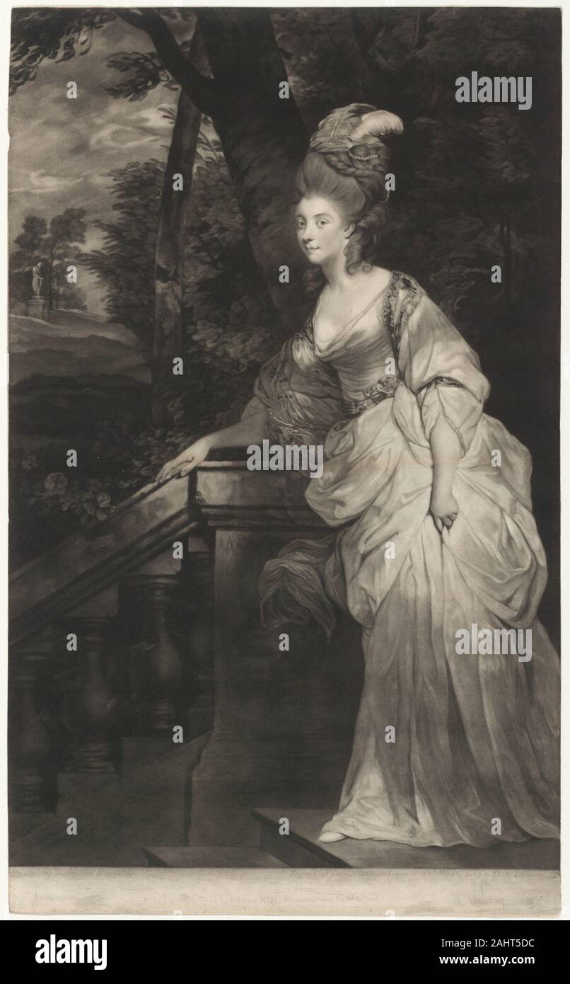 Valentine vert. Georgiana, duchesse de Devonshire. 1780. L'Angleterre. Manière noire sur papier vert Saint-valentin était essentiellement un autodidacte dans l'art de gravure et maîtrisé au début de sa carrière. Le moyen admis à l'artiste d'atteindre de nouveaux effets de texture, en particulier lors de la copie de tableaux. Ses grandes Georgiana, duchesse de Devonshire a été peint par Sir Joshua Reynolds. Pour obtenir une riche texture picturale, vert utilisé à dents fines de manière unique un "rocker", un outil que la surface rugueuse de l'ensemble de la plaque, produisant un ensemble bien sombre tonalité d'encre lorsqu'il a été imprimé. À la Banque D'Images