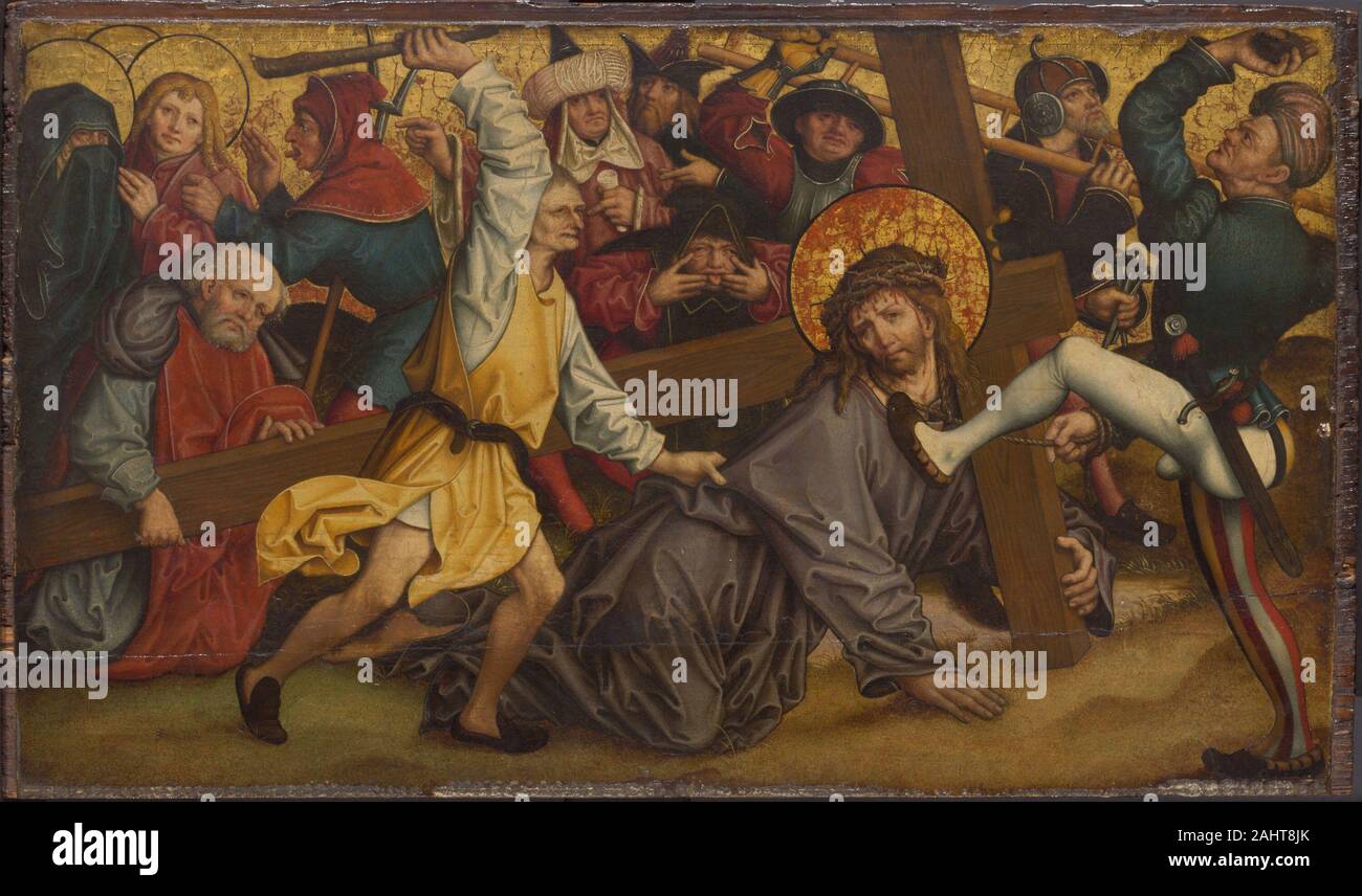 Hans Maler zu Schwaz. Le Christ portant la croix. 1510-1520. L'Allemagne. Cette huile sur panneau panneau étroit faisait probablement partie d'une prédelle, la partie inférieure d'un retable, qui sans aucun doute les autres scènes de la Passion du Christ. C'est probablement une des premières œuvres de Hans Maler, qui a travaillé à Ulm dans le sud-ouest de l'Allemagne avant de s'installer dans le Tyrol. Il est maintenant connu principalement pour les portraits peints dans la dernière partie de sa carrière pour les membres de la famille impériale et d'autres gardiennes. Ses premières peintures religieuses sont une variante de l'expressive, style à motifs et des cha Banque D'Images