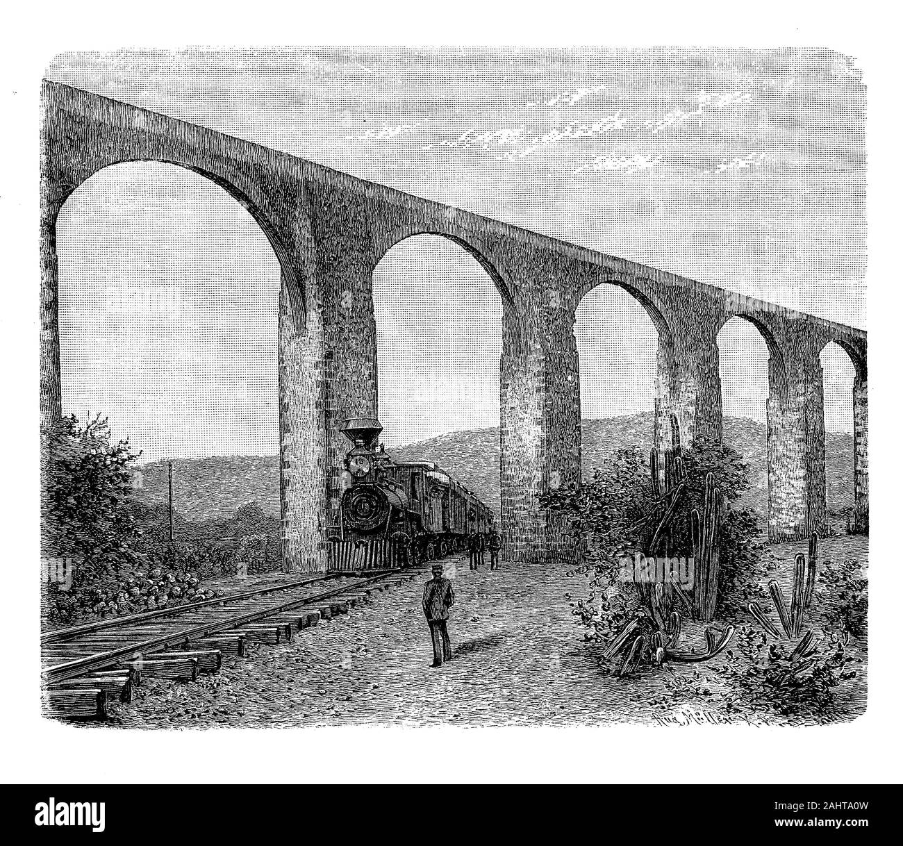 Mexique : la locomotive à vapeur de la Route panaméricaine en passant par les arches de l'Aqueduc de Querétaro 17ème siècle plus de 30 mètres de haut, 19e siècle Banque D'Images