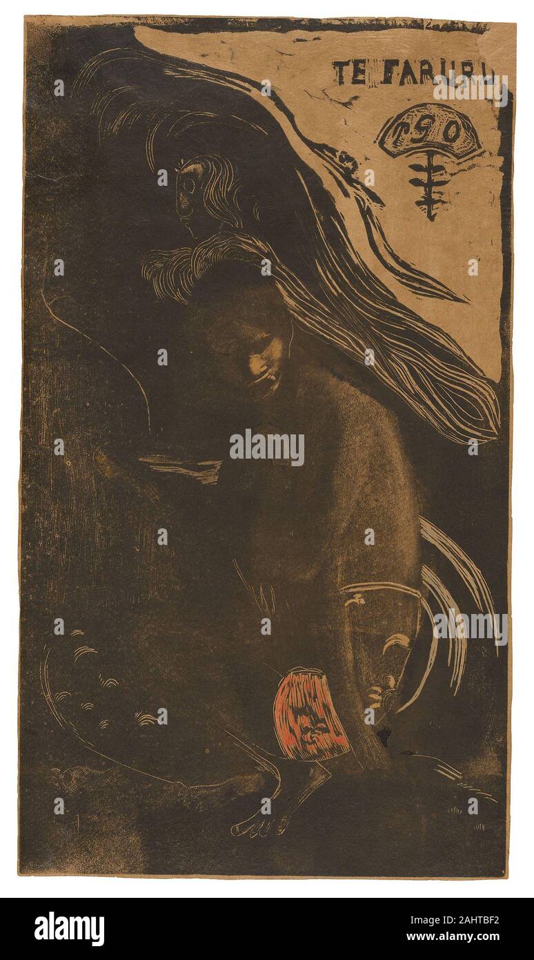 Paul Gauguin. Te faruru (ici on fait l'amour), à partir de la suite Noa Noa. 1894. La France. Wood-block print, imprimé deux fois en brun et noir, avec des encres, et d'un essuyage sélective twill impression transférés, touches de pinceau et aquarelle rouge et vert, et des traces de pinceau et l'encre noire, sur papier vélin rose pâle (décoloré à tan) Banque D'Images