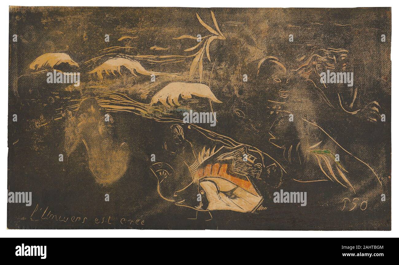 Paul Gauguin. L'univers est créé (l'Univers est en cours de création), à partir de la suite Noa Noa. De 1893 à 1894. La France. Wood-block print, imprimé à l'encre noire avec des traces de résidus de l'encre brune, avec essuyage sélective, plus d'éclaircies et de solvants transférés et pochoir jaune, orange, rouge, bleu et vert, support à base d'huile contenant certains d'abeille et de résine de conifères (probablement la résine du pin), avec des touches de pinceau et l'encre noire, sur feu moyen-doux, poids, rose papier vélin (décoloré à tan) Banque D'Images