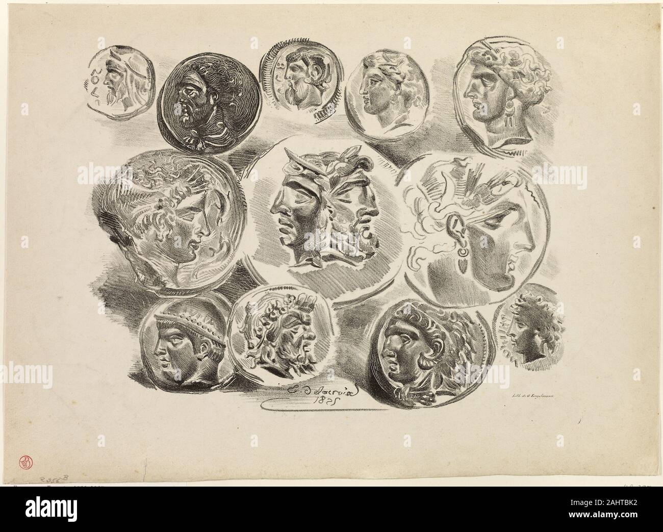 Eugène Delacroix. Feuille de douze médailles antiques. 1825. La France. Lithographie en noir sur papier vélin gris clair Banque D'Images