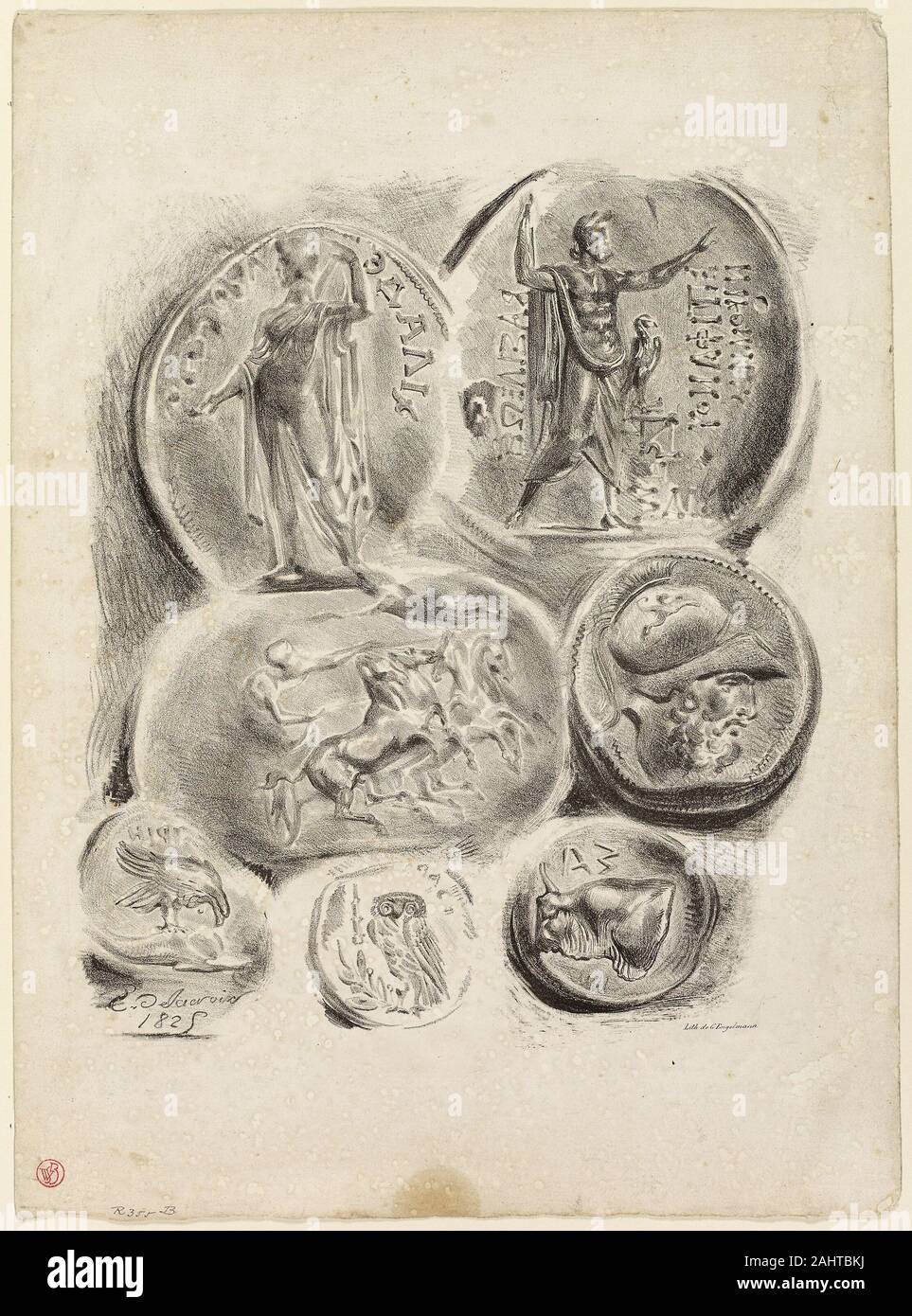 Eugène Delacroix. Feuille de sept Médailles antiques. 1825. La France. Lithographie en noir sur papier vélin gris clair Banque D'Images
