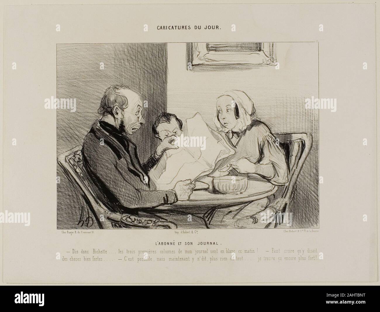 Honoré-Victorin Daumier. L'abonné et son journal. "- Écoute Darling, les trois premières colonnes de mon journal du matin sont complètement vide ! Il semble qu'ils doivent avoir vraiment dit certaines choses désagréables. - Peut très bien être, mais maintenant que vous le dites, d'écrire rien du tout, je trouve qu'encore plus méchant !," Planche 2 de caricatures du jour. 1842. La France. Lithographie en noir sur papier vélin ivoire Banque D'Images