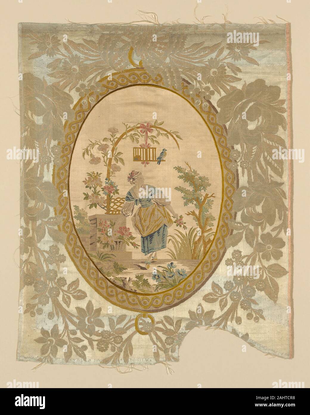 Philippe de La Salle (Designer). De Bord. 1750-1775. Lyon. La soie, le flottement de la courbure - fait face à l'armure satin 71 reliure supplémentaire warps liant de trames et de masse supplémentaire brocading tressages en armure ; avec l'Encart d'ovales de soie, warp-float face 71 avec armure satin brocading supplémentaire liée au fils de masse par sergés warps ; seam brodé en satin Banque D'Images