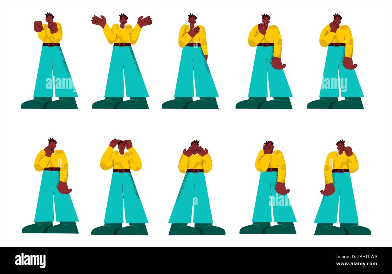 Jeu de casual male noir montrant différentes émotions et pose des membres grand style Illustration de Vecteur