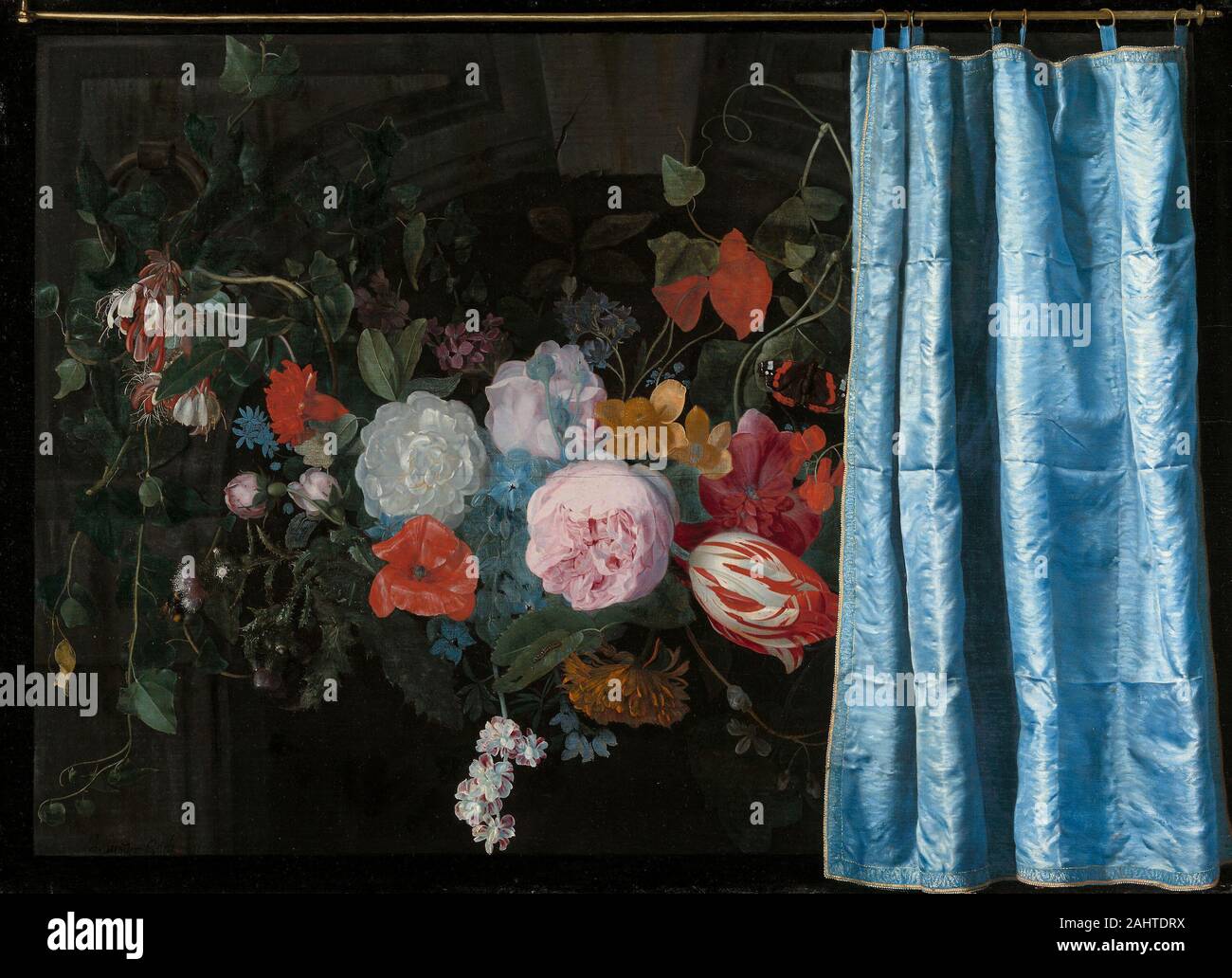 Adriaen van der l'épeautre. En trompe-l'Oeil Nature morte avec une guirlande de fleurs et un rideau. 1658. Aux Pays-Bas. Huile sur panneau Banque D'Images