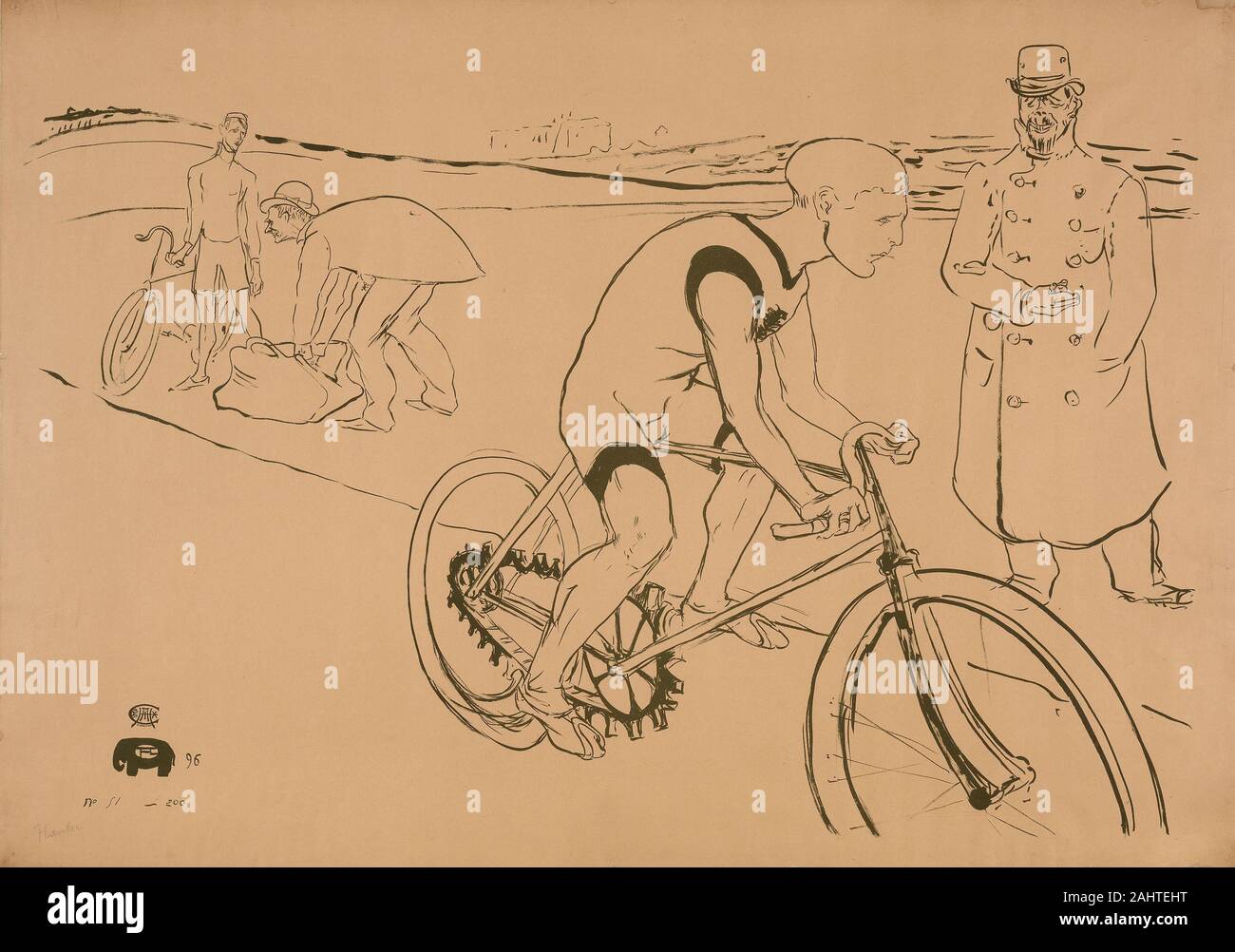 Henri de Toulouse-Lautrec. Randonnée à Michael. 1896. La France. Lithographie pinceau vert olive sur papier vélin beige Lautrec était un fan de manifestations sportives, soulignant la fin du 19e siècle dans la ferveur du vélo Français deux affiches dans cette galerie (voir 2015.278). Les deux avaient pour but d'annoncer une nouvelle bicyclette partie à un prêt public de quelques demi-million de passagers. Cependant, l'artiste est fine version préliminaire qu'on voit ici a été rejetée, et la lithographie n'a jamais été produit dans plus d'une couleur. Au lieu Lautrec financé personnellement une édition de 200 impressions monochromes. Banque D'Images