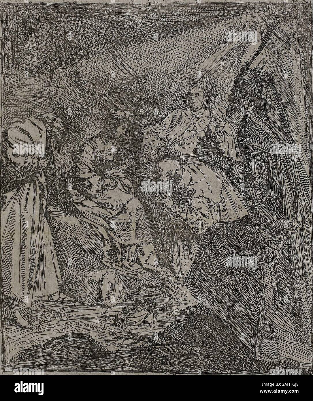 Claude Vignon. Adoration des Rois. 1619. La France. Gravure sur papier vergé ivoire, montée sur feuille d'album bleu Claude Vignon est un des plus intéressants de membres d'une communauté de 17ème siècle des artistes français qui se sont rendus à Rome et se sont attachés à l'Caravaggesque peintre Simon Vouet. En 1619 il a produit cette gravure, sa première composition originale, qui ont été source d'inspiration pour Rembrandt. Il est l'un des 27 gravures produites par l'artiste tout au long de sa vie. Banque D'Images