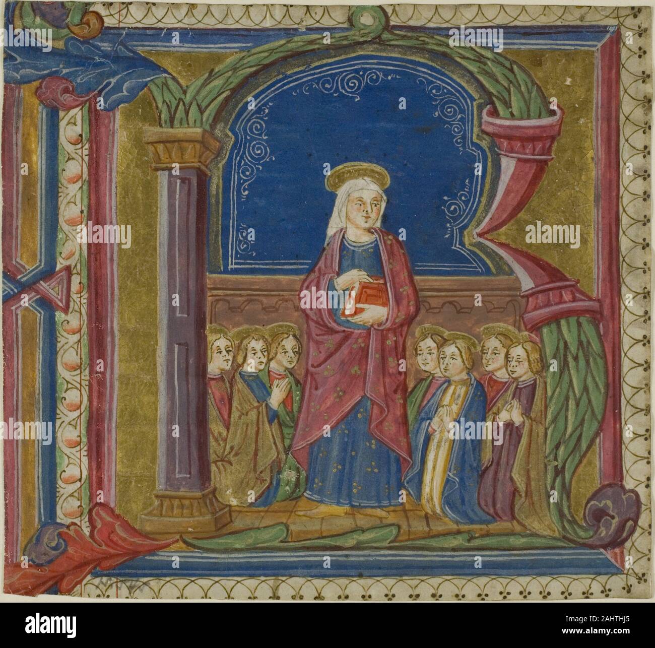 La Vierge adorée par Saints dans une initiale historiée R à partir d'un Antiphonary. 1401-1500. L'Italie. Manuscrit de la coupe dans la tempera et feuille d'or sur parchemin, avec des inscriptions en textura gothica noir brunâtre, verso Banque D'Images La Vierge adorée par Saints dans une initiale historiée R à partir d'un Antiphonary. 1401-1500. L'Italie. Manuscrit de la coupe dans la tempera et feuille d'or sur parchemin, avec des inscriptions en textura gothica noir brunâtre, verso Banque D'Images