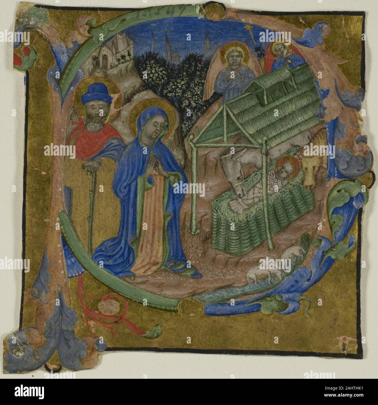 Maître de l'Bruxelles initiales. La nativité à une initiale historiée P à partir d'un livre de choeur. 1380-1400. L'Italie. Manuscrit de la coupe dans la tempera et feuille d'or sur parchemin, avec gothica Textualis propose inscriptions à l'encre noire, verso Banque D'Images Maître de l'Bruxelles initiales. La nativité à une initiale historiée P à partir d'un livre de choeur. 1380-1400. L'Italie. Manuscrit de la coupe dans la tempera et feuille d'or sur parchemin, avec gothica Textualis propose inscriptions à l'encre noire, verso Banque D'Images