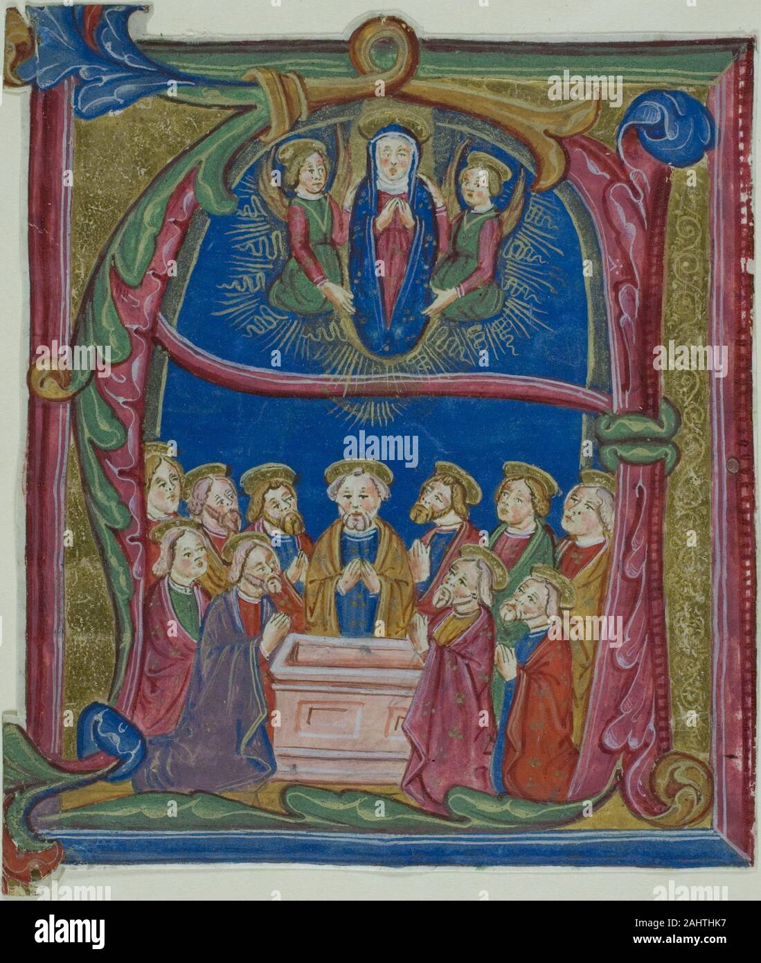 L'Assomption de la Vierge dans une initiale historiée A depuis un Antiphonary. 1401-1500. L'Italie. Manuscrit de la coupe dans la tempera et feuille d'or sur parchemin, avec gothica textura inscriptions en encre noir brunâtre, a statué en rouge, verso Banque D'Images L'Assomption de la Vierge dans une initiale historiée A depuis un Antiphonary. 1401-1500. L'Italie. Manuscrit de la coupe dans la tempera et feuille d'or sur parchemin, avec gothica textura inscriptions en encre noir brunâtre, a statué en rouge, verso Banque D'Images