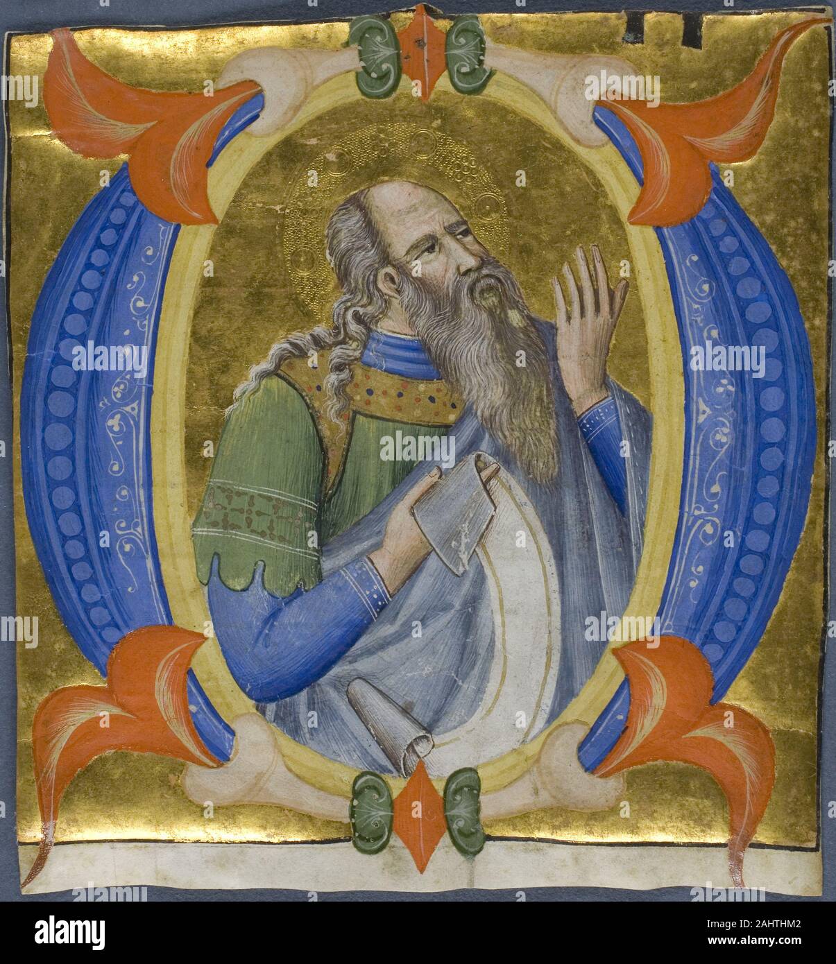 Silvestro dei Gherarducci. Prophète d'une initiale historiée O d'une façon progressive. 1392-1399. L'Italie. Manuscrit de la coupe dans la tempera et feuille d'or, à l'incision, sur vélin Banque D'Images