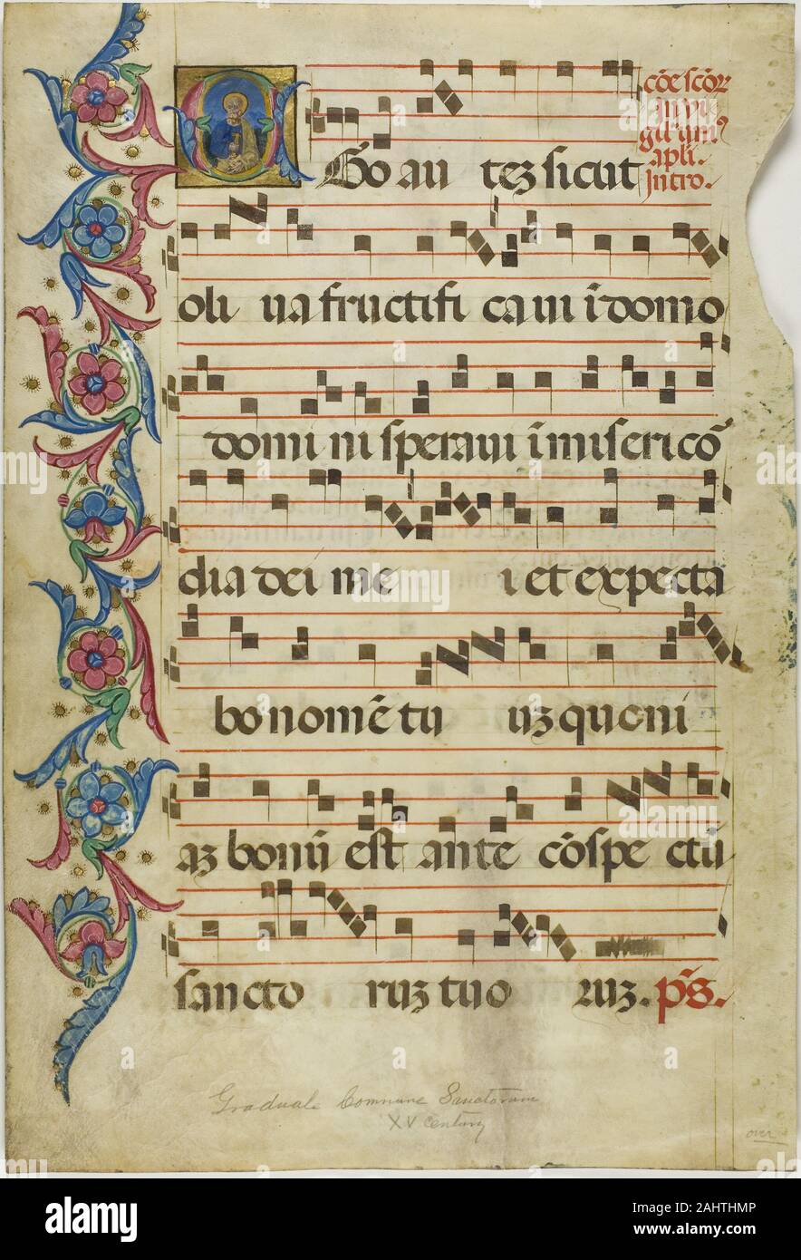 Saint Pierre à une initiale historiée E à partir d'un progressif. 1400-1499. L'Italie. Manuscrit de la coupe dans la tempera et feuille d'or, et d'encre rouge et bleu, avec des inscriptions en textura gothica noir brunâtre, et a décidé à l'encre rouge, recto et verso, sur parchemin Banque D'Images Saint Pierre à une initiale historiée E à partir d'un progressif. 1400-1499. L'Italie. Manuscrit de la coupe dans la tempera et feuille d'or, et d'encre rouge et bleu, avec des inscriptions en textura gothica noir brunâtre, et a décidé à l'encre rouge, recto et verso, sur parchemin Banque D'Images