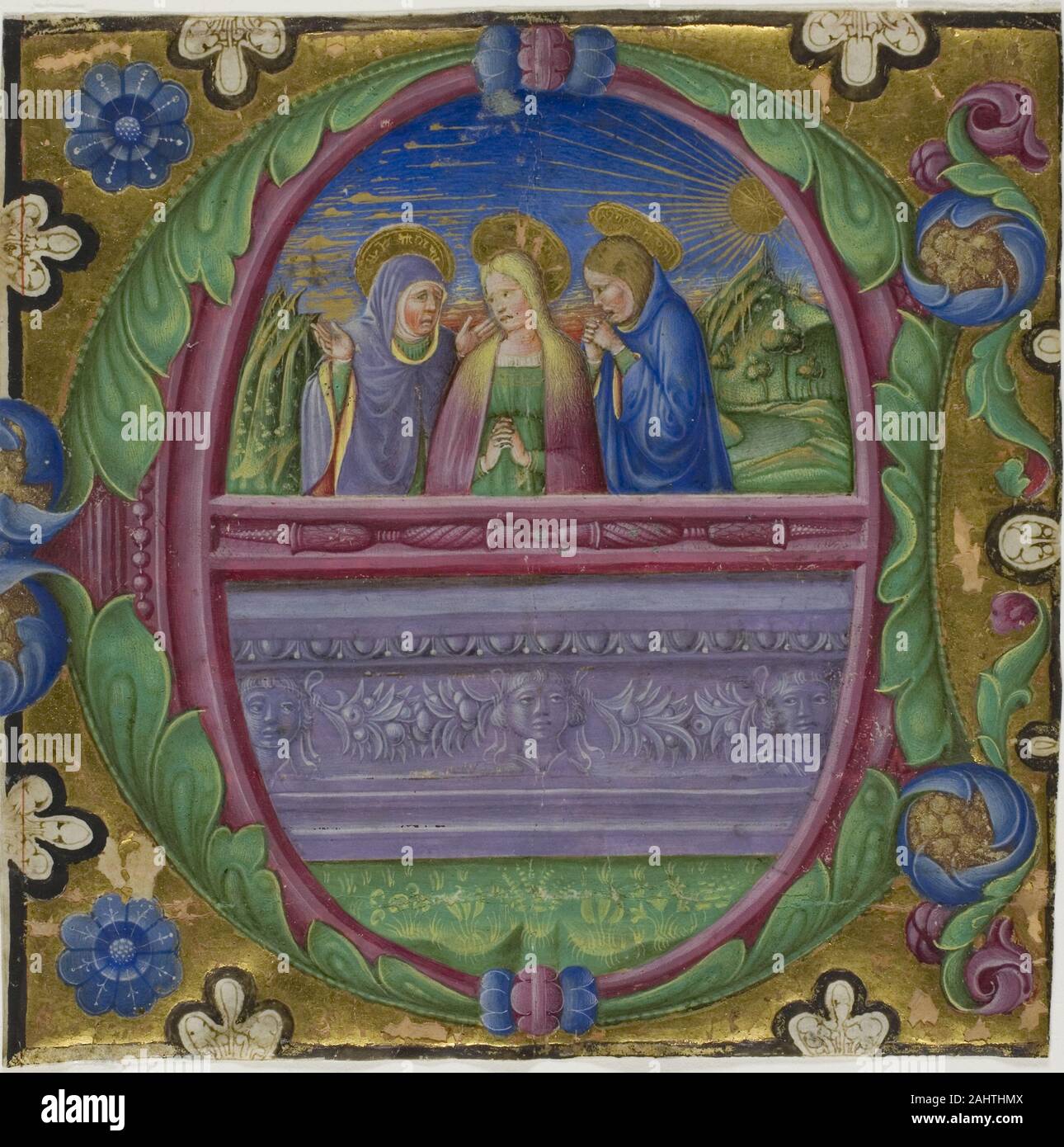 Les trois Marie au tombeau dans une initiale historiée E à partir d'un livre de choeur. 1470-1480. L'Italie. Manuscrit de la coupe dans la tempera et feuille d'or, avec gothica Textualis propose des inscriptions en noir et a statué en bleu, verso, sur parchemin Banque D'Images Les trois Marie au tombeau dans une initiale historiée E à partir d'un livre de choeur. 1470-1480. L'Italie. Manuscrit de la coupe dans la tempera et feuille d'or, avec gothica Textualis propose des inscriptions en noir et a statué en bleu, verso, sur parchemin Banque D'Images
