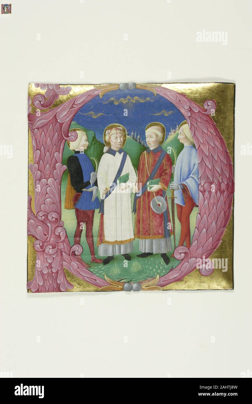 Paolo De Ascone. Quatre Saints dans une initiale historiée P d'un choeur ou d'Antiphonaire. 1435-1465. L'Italie. Manuscrit de la coupe dans la tempera et feuille d'or, avec la peinture d'or, avec gothica Textualis propose des inscriptions en encre noire, a statué en rouge, sur parchemin Banque D'Images Paolo De Ascone. Quatre Saints dans une initiale historiée P d'un choeur ou d'Antiphonaire. 1435-1465. L'Italie. Manuscrit de la coupe dans la tempera et feuille d'or, avec la peinture d'or, avec gothica Textualis propose des inscriptions en encre noire, a statué en rouge, sur parchemin Banque D'Images
