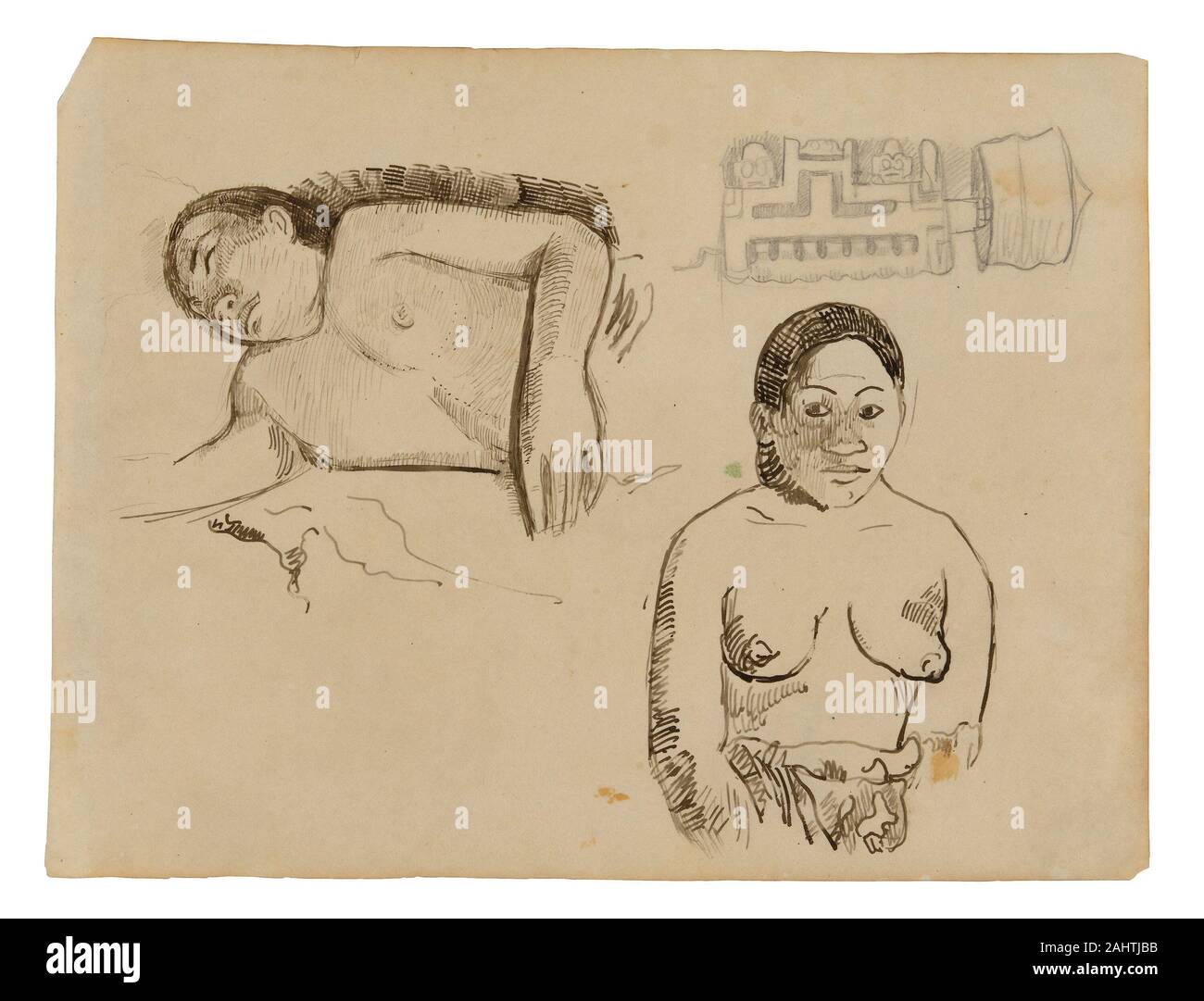 Paul Gauguin. Deux femmes tahitiennes et un bouchon marquisien. 1891-1893. La France. Plume et encre brune et graphite sur papier parchemin Banque D'Images