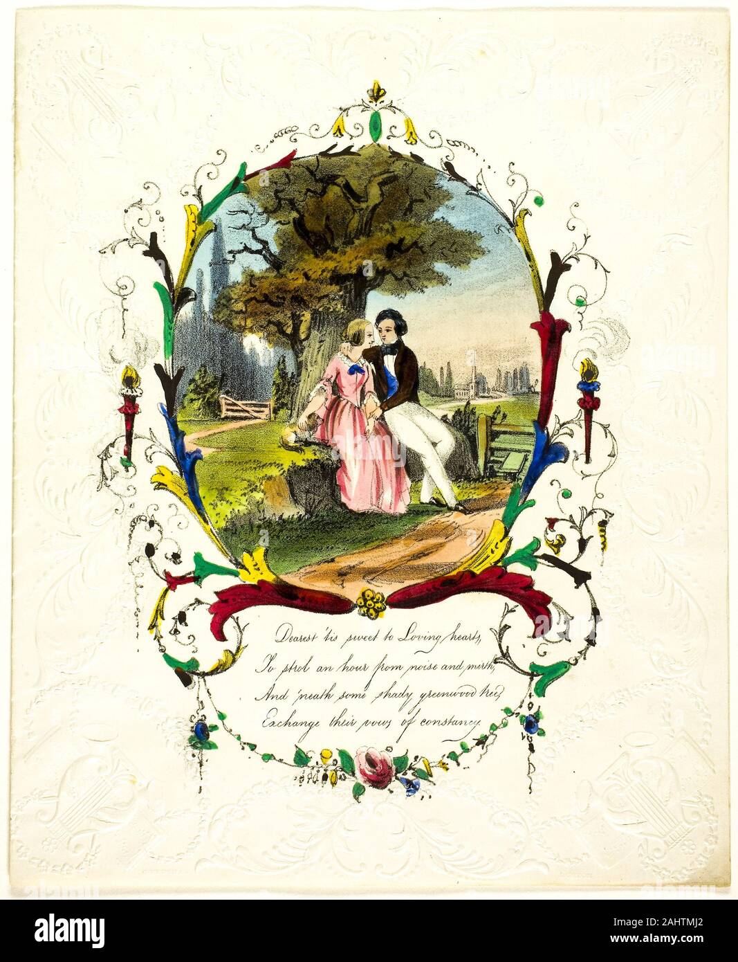 George Kershaw. Chérie c'est doux à Loving Hearts (valentine). 1840-1860. L'Angleterre. Lithographie à part-coloration sur vélin ivoire gaufré Banque D'Images