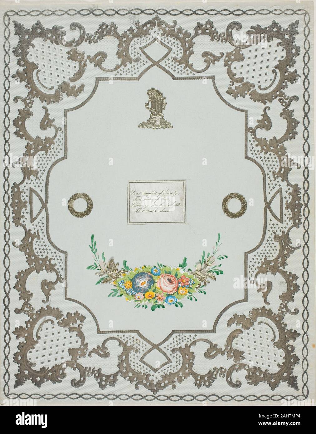 Sweet fille de beauté (valentine). 1845-1855. United States. Éléments de collage sur gris bleu en relief et accentués papier vélin Banque D'Images